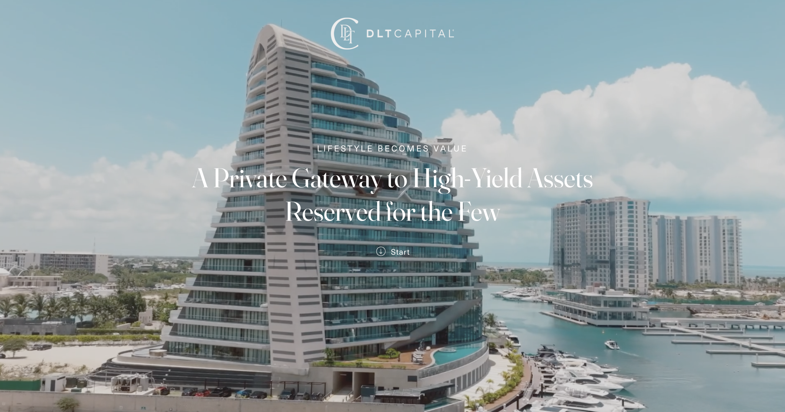 A modern high-rise building with curved architecture by a marina with yachts, under a partly cloudy sky, with the text 'DLC Capital' and 'Lifestyle Becomes Value' overlaid. Web design cancun