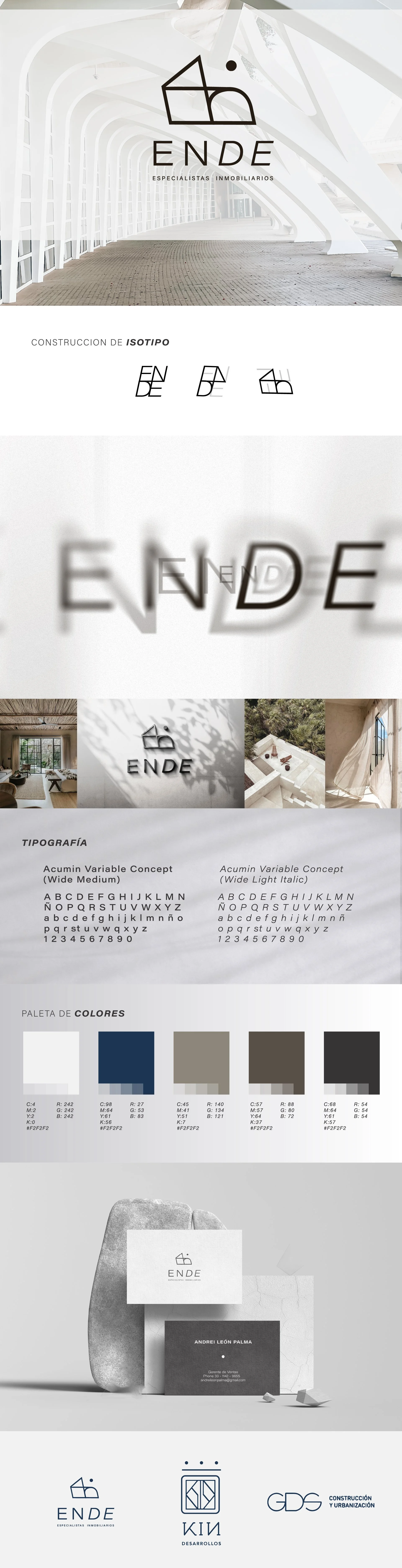 Design board for ENDE real estate brand, featuring logo, architectural imagery, typography samples, color palette, and branding materials.