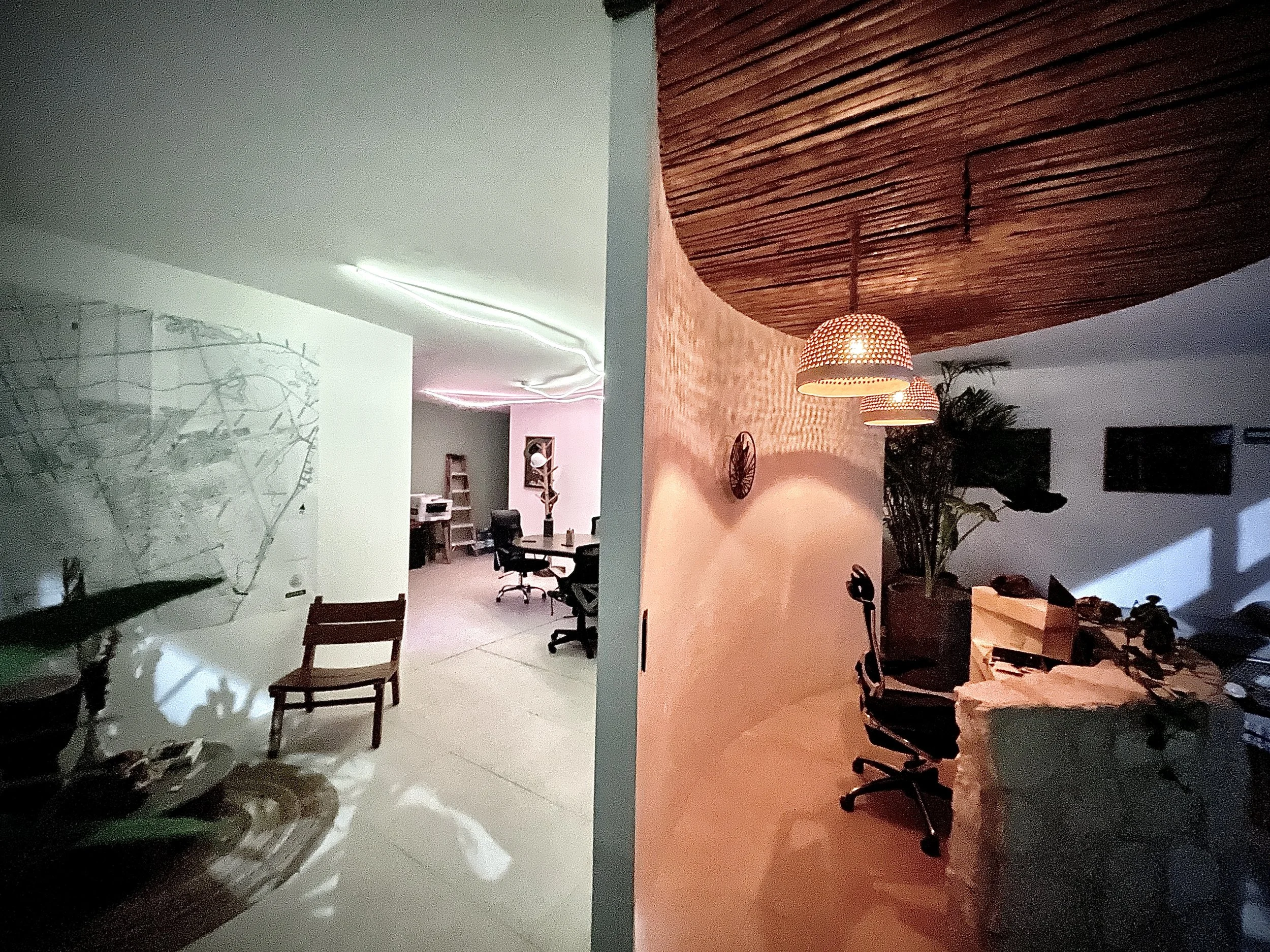 An indoor office space with a divider wall separating two areas. The area on the left has a white wall with artwork and office furniture including chairs and desks. The area on the right has a curved wooden ceiling with hanging lamps, a potted plant,