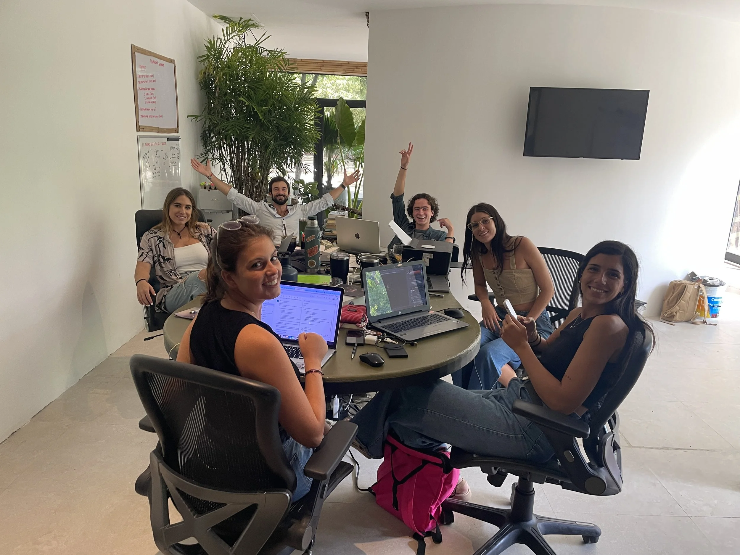 Team smiling and working at a round conference table in an office meeting room Hypha Inc. Some are using laptops, and two have their hands raised in celebration. Hypha Inc Marketing Agency and Creative Studio Lab, Tulum.