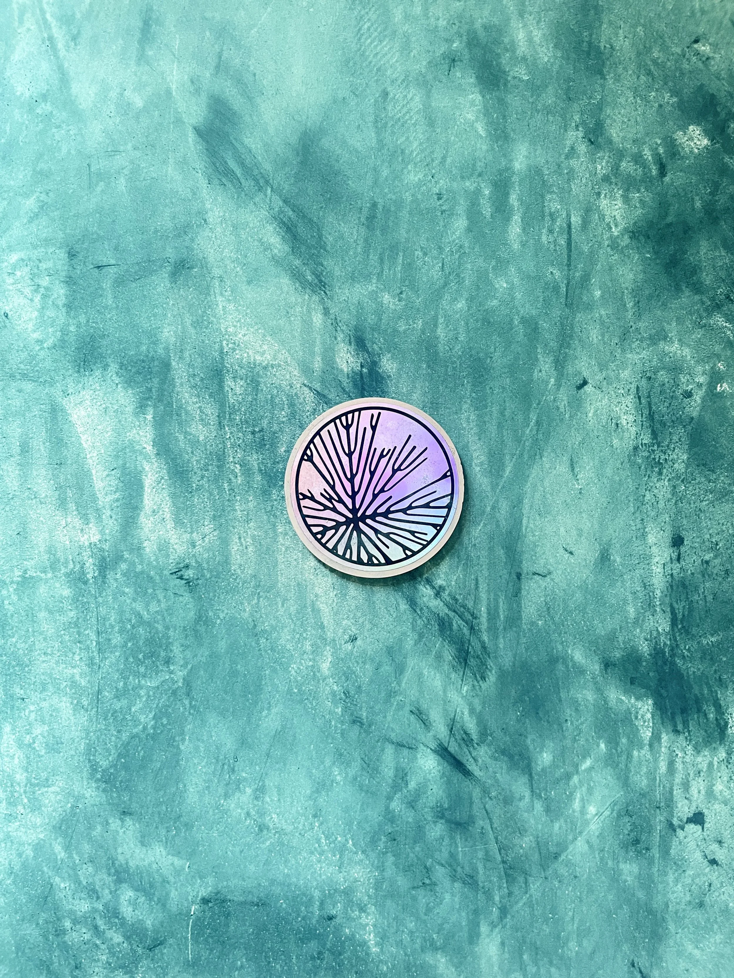 An iridescent circular badge with a black tree branch design on a teal textured background. Hypha Inc Marketing Agency and Creative Studio Lab, Tulum. Logo Hypha Inc.