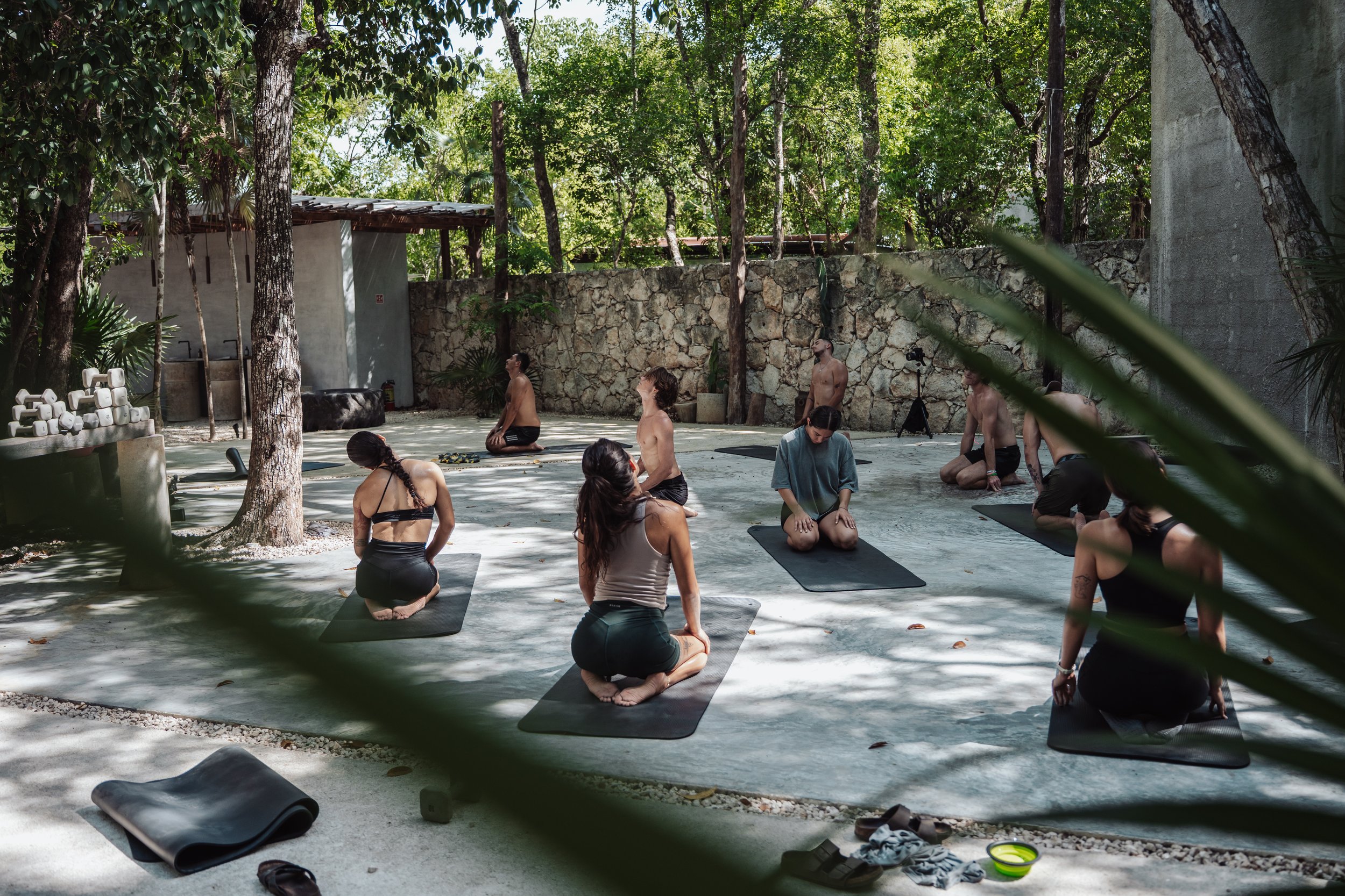 People participating in an outdoor yoga or meditation class, kneeling on yoga mats under trees in a natural setting.