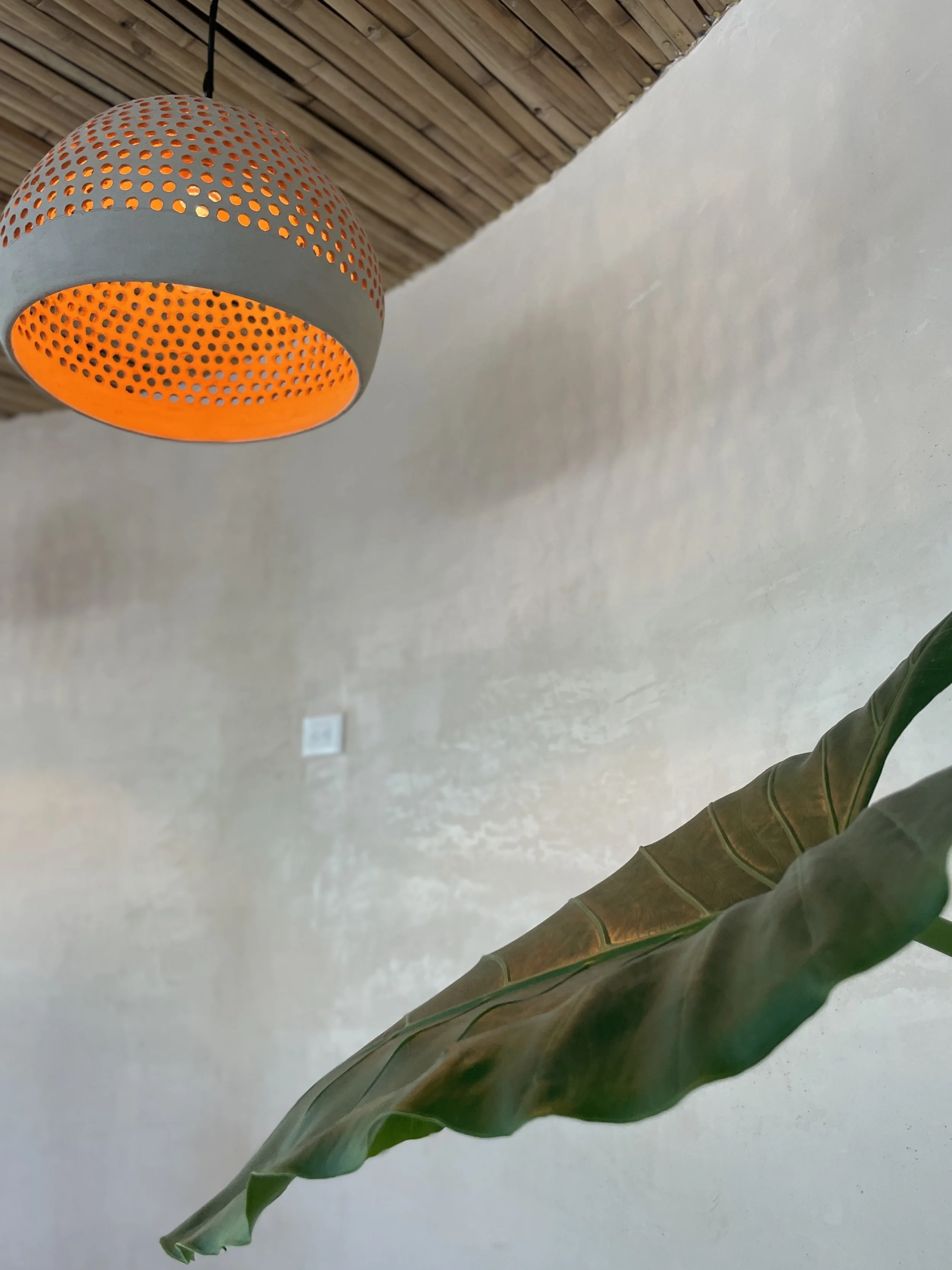 A white perforated exterior of a hanging lamp with orange light inside, a large green banana leaf, and a wooden ceiling with slats. Hypha Inc Marketing Agency and Creative Studio Lab, Tulum.