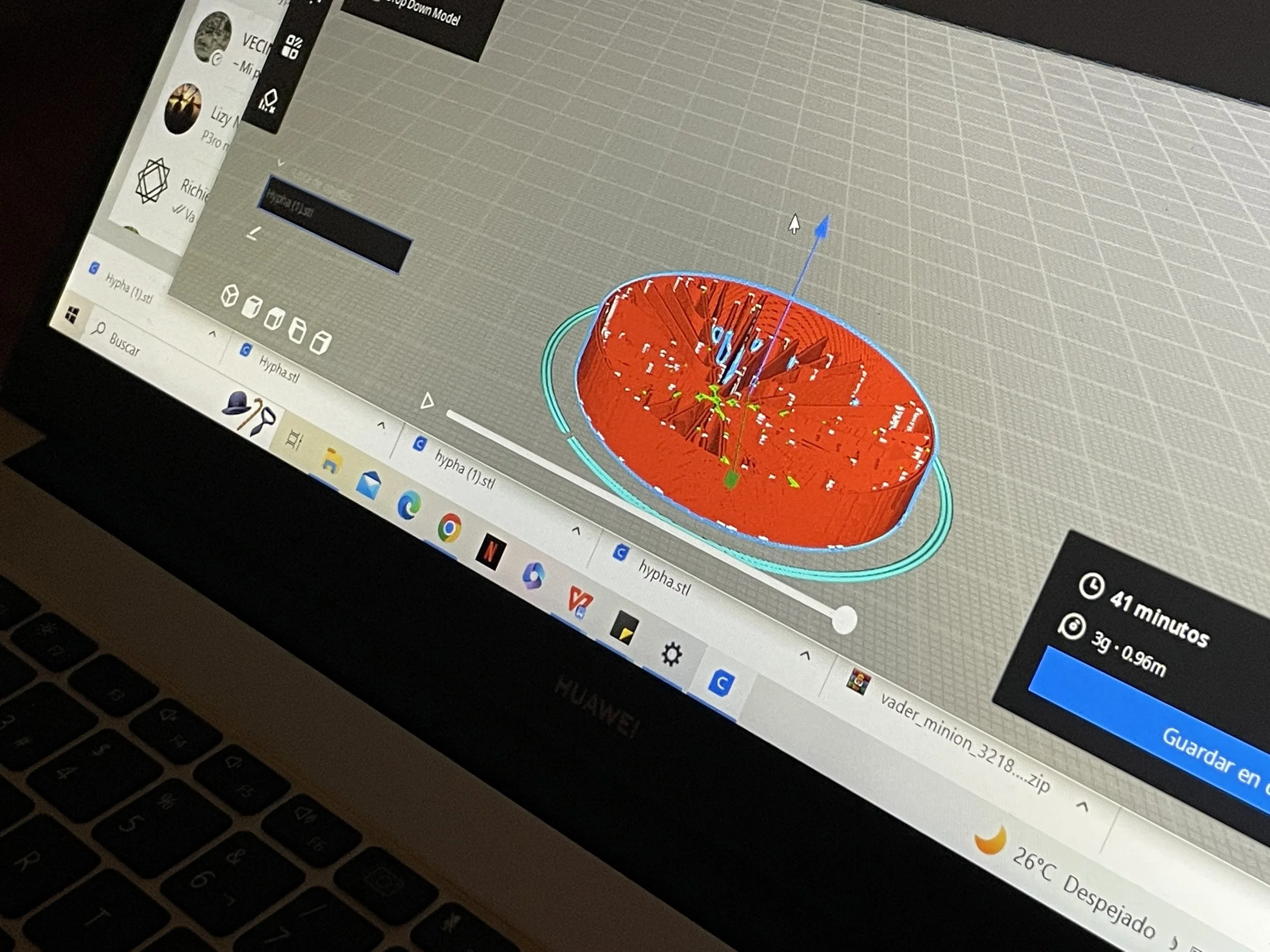 Computer screen displaying a 3D modeling software interface with a red, elongated cylindrical object and various tools and options visible. Hypha Inc Marketing Agency and Creative Studio Lab, Tulum.