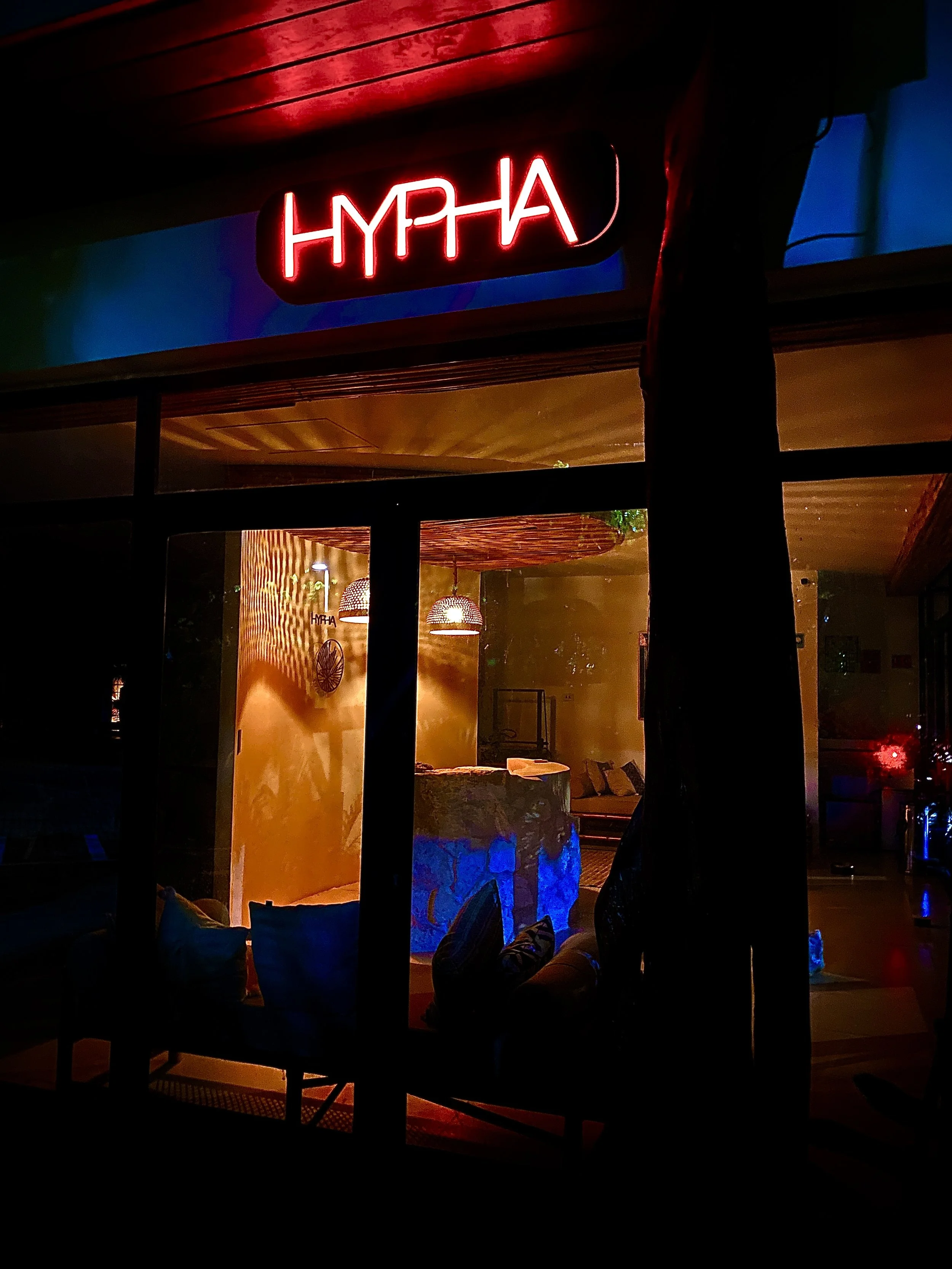 Night view of a storefront with a neon sign that reads 'HYHA', visible through large glass windows. The store interior is warmly lit with hanging pendant lights and cozy seating.