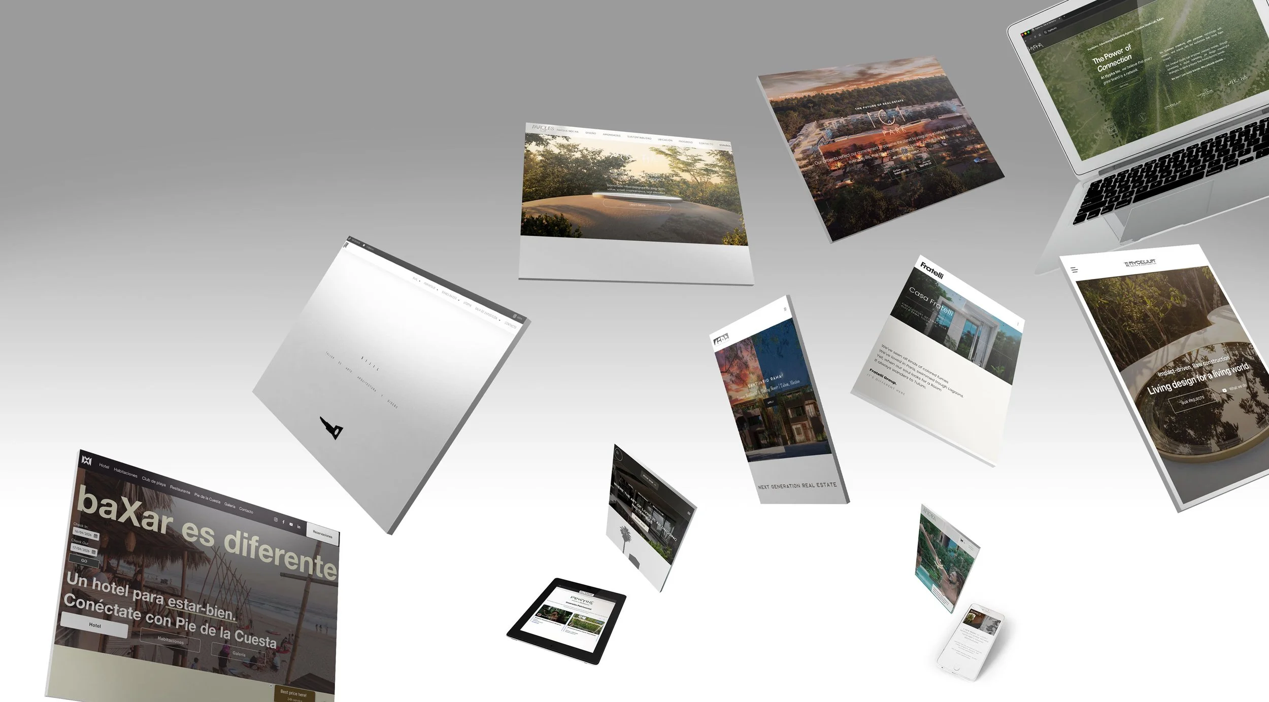 Hypha Inc. Marketing Tulum: Several digital screens, including a laptop, tablet, and smartphones, floating against a gradient background, displaying various websites and online content.