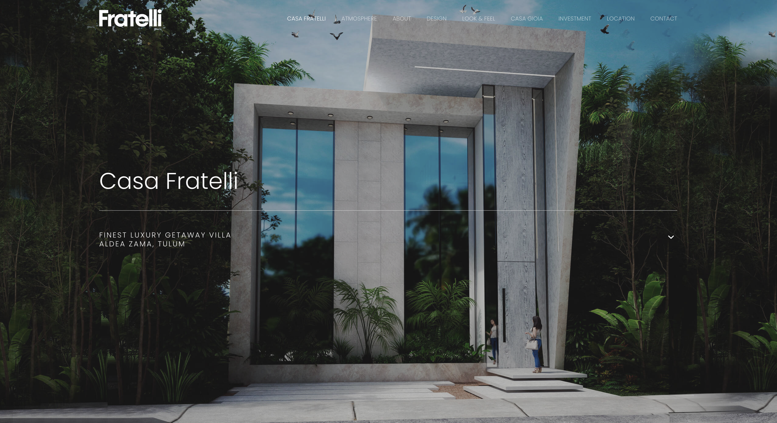 Rendering of a modern luxury villa with large glass windows, concrete walls, and lush greenery surrounding it, featuring two women standing on the steps at the entrance.