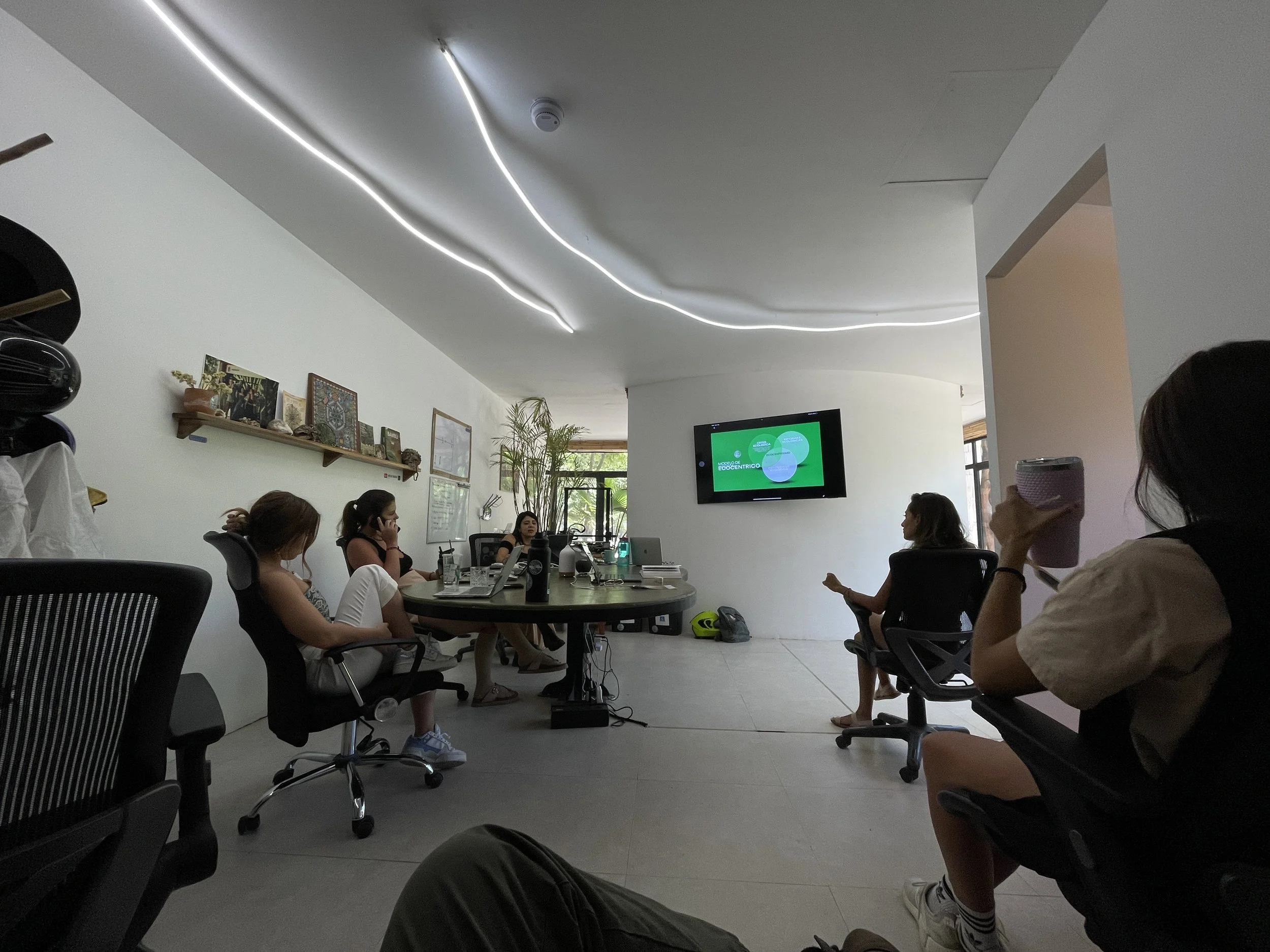 A group of people sitting in chairs in a conference room, watching a presentation on a wall-mounted TV screen. The room has a modern ceiling with LED light design and a large window with natural light.