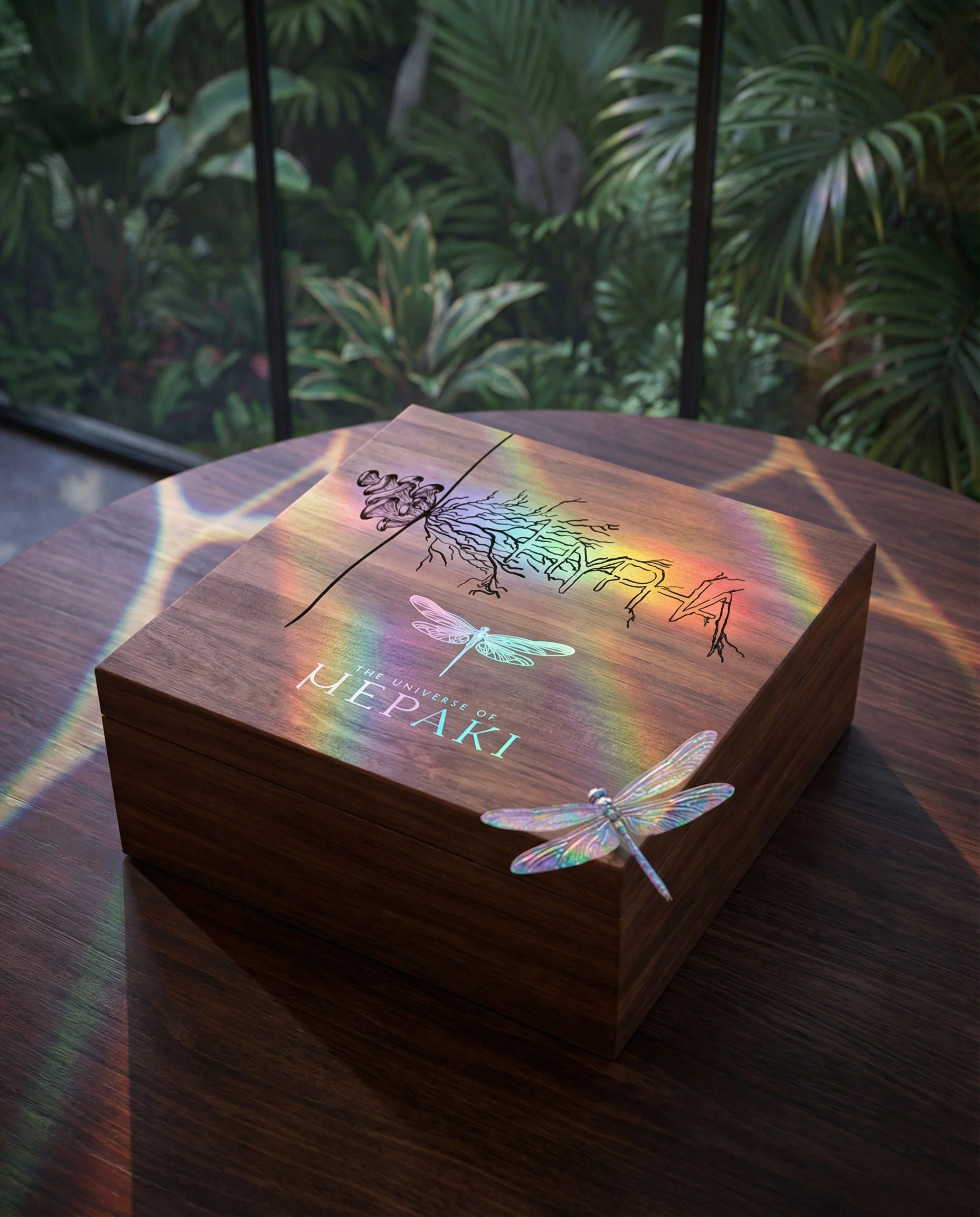 A wooden box with a holographic dragonfly and rainbow reflections on a wooden table, with green plants and a glass window in the background. Hypha Inc. Branding and Design Tulum