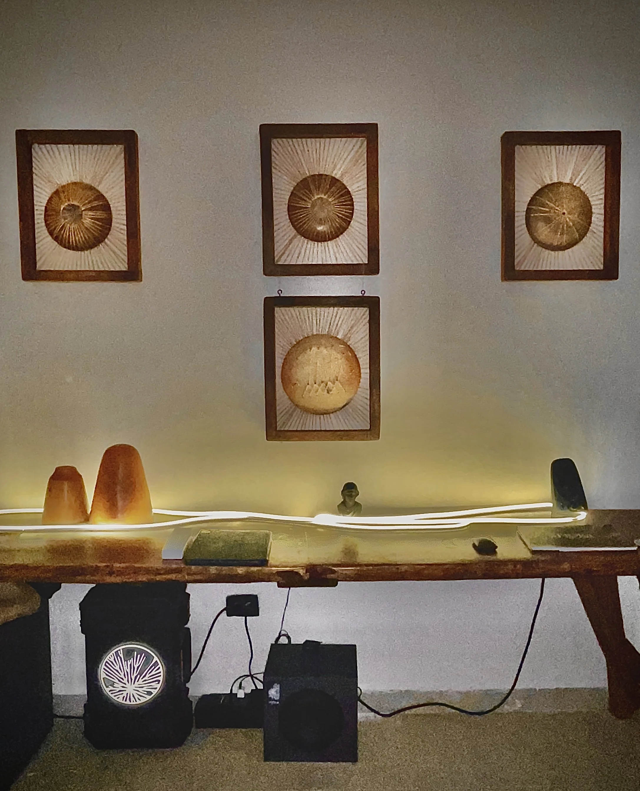 A modern indoor scene with a wooden table, decorative lamps, and a sound system. Three framed art pieces hang on the wall, and a person wearing sunglasses stands behind the table. Hypha Inc. Digital Marketing & Advertising Agency, Tulum