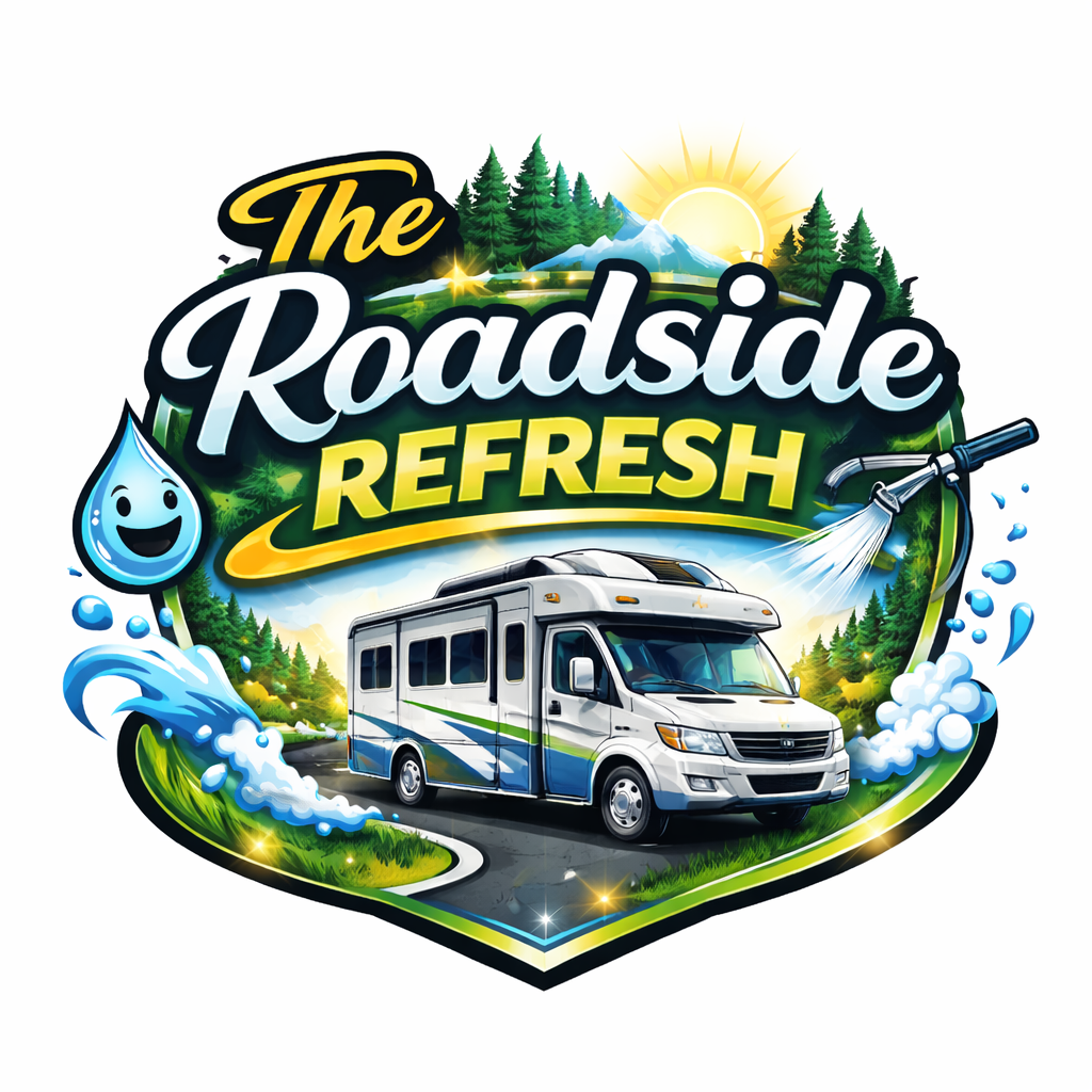 Logo for The Roadside Refresh quick RV wash package featuring a sparkling Class C motorhome, smiling water droplet, foamy spray, sun rays, and scenic trees