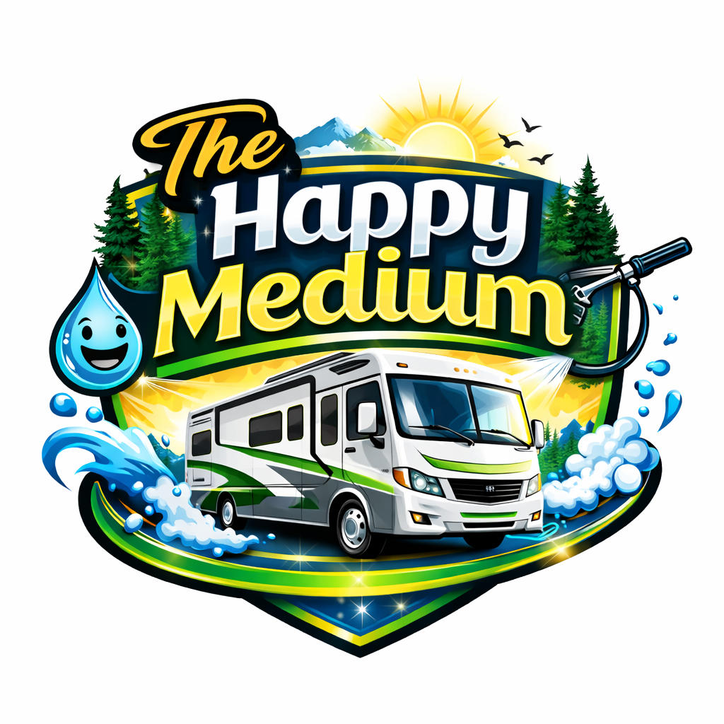 "Popular RV wash logo with cheerful motorhome, smiling water droplet, sunny sky, and bright text