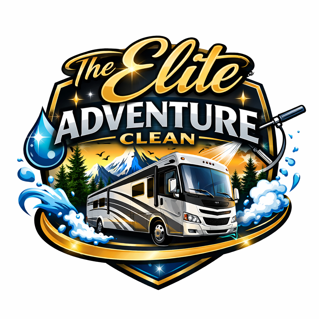 Premium RV wash logo with Class A motorhome, mountains, pine trees, and sparkling gold-silver text