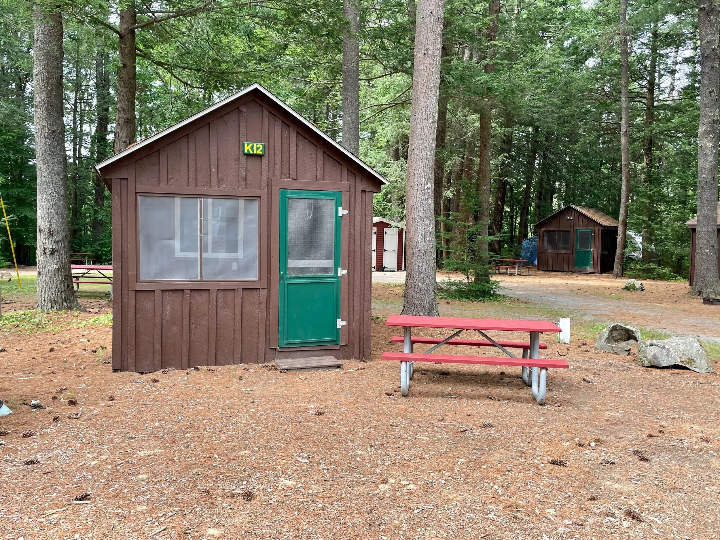 A small brown cabin with a green door and window, situated in a wooded campsite. There is a red picnic table in front of the cabin and other similar cabins in the background, all surrounded by tall trees.