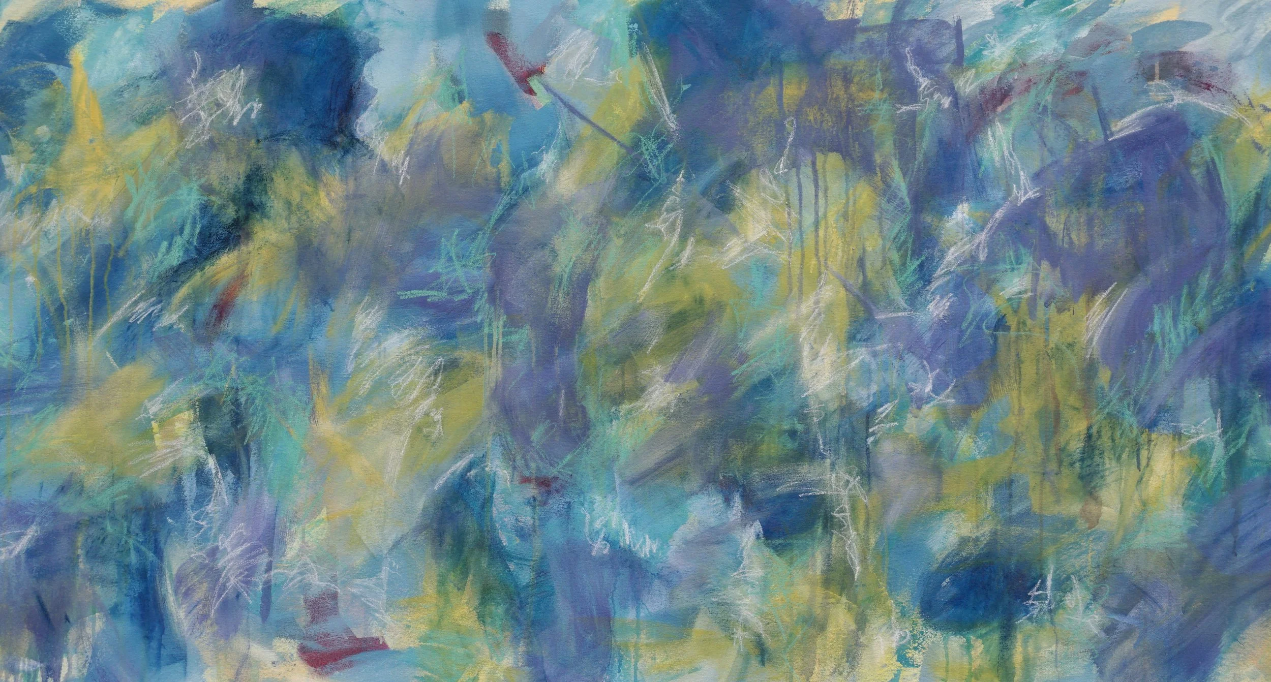 Abstract painting with blue, yellow, green, purple, and white brush strokes and splashes.