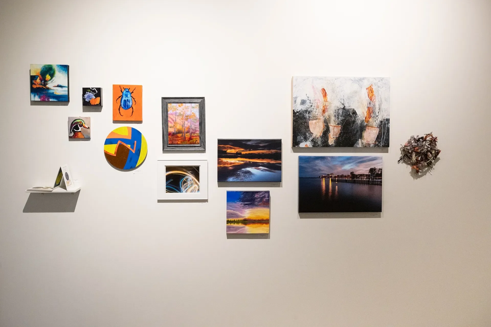 Gallery wall featuring various colorful artworks including abstract paintings, landscape photographs, a framed painting of trees, a circular painting with bold colors, and a 3D mixed media piece on a plain white wall.