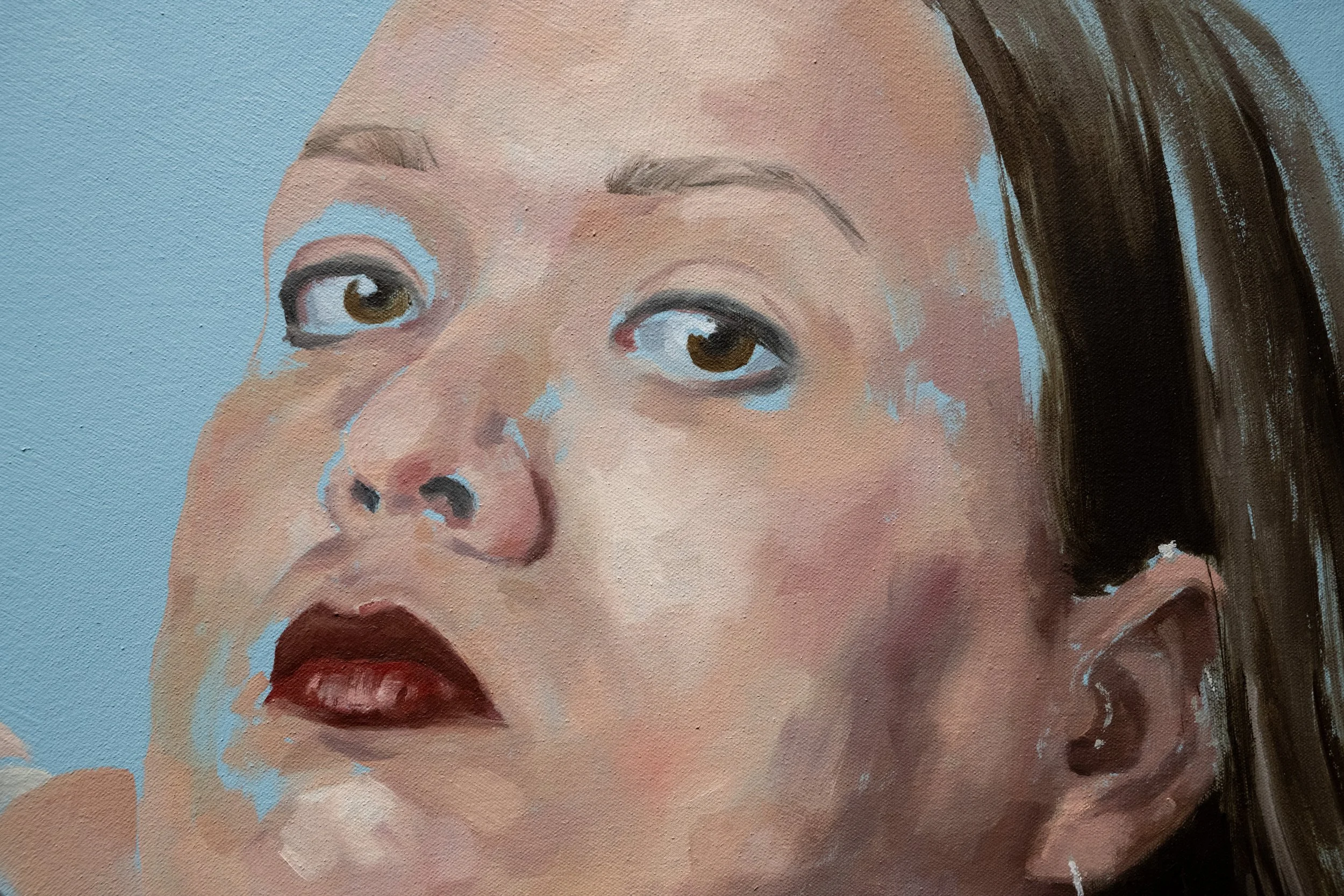 Close-up of a painting of a young girl with brown hair, brown eyes, and dark red lipstick, against a light blue background.