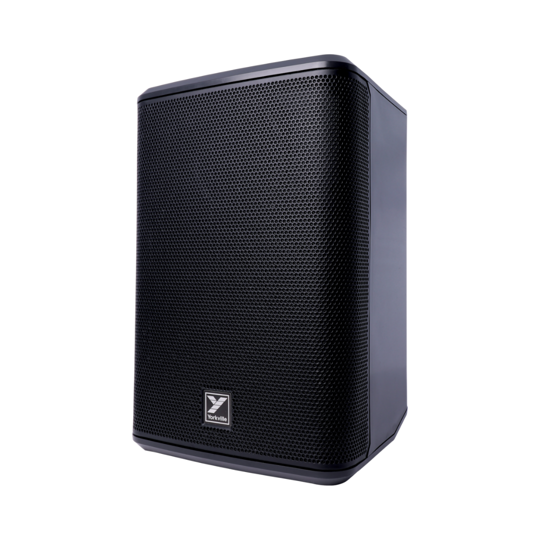 Black Yorkville speaker with grille in front, positioned at an angle, against a white background.