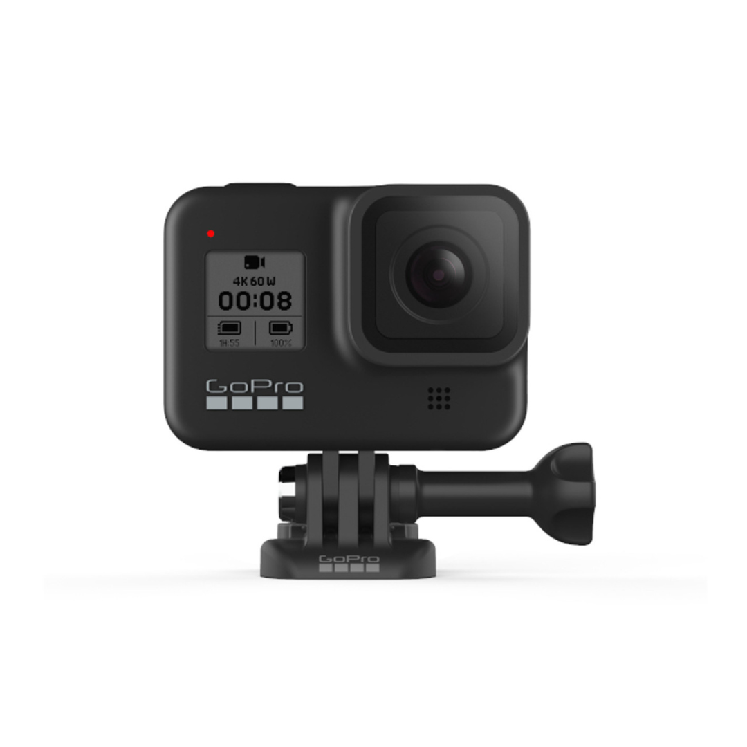 Black GoPro action camera mounted on a tripod.