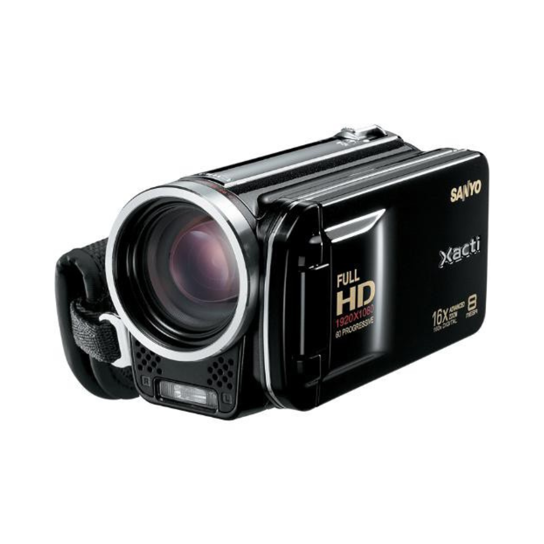 Black digital camcorder with a large lens, labeled with 'Full HD,' '1920x1080,' '16x zoom,' and 'Sanyo' brand, on a white background.