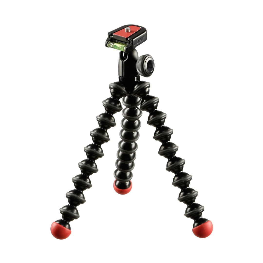 A flexible tripod with three bendable legs, a ball joint for camera mounting, and a level bubble on top.