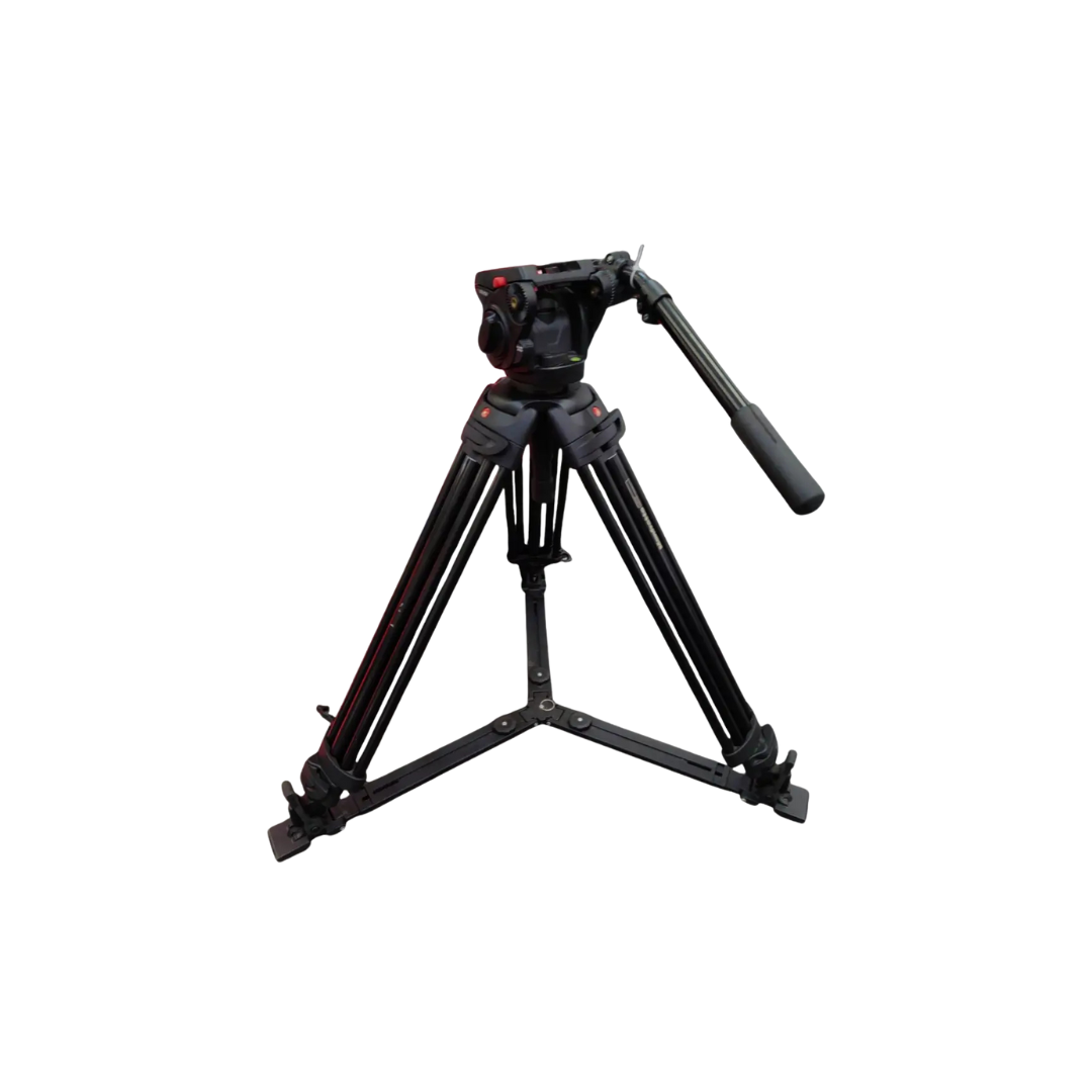 A professional film or photography tripod with a fluid head, standing against a white background.