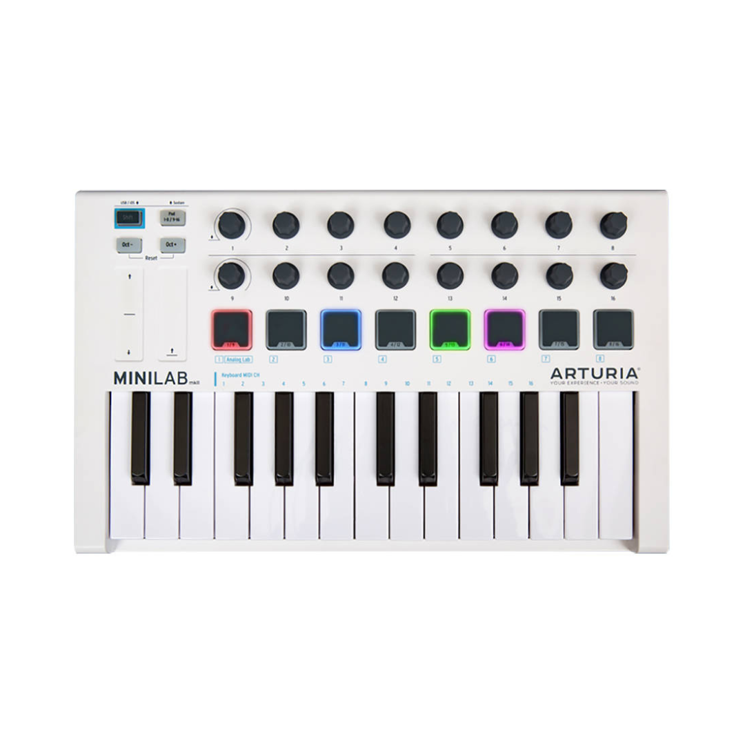 A compact electronic MIDI keyboard controller with 25 keys, colorful pads, and control knobs.