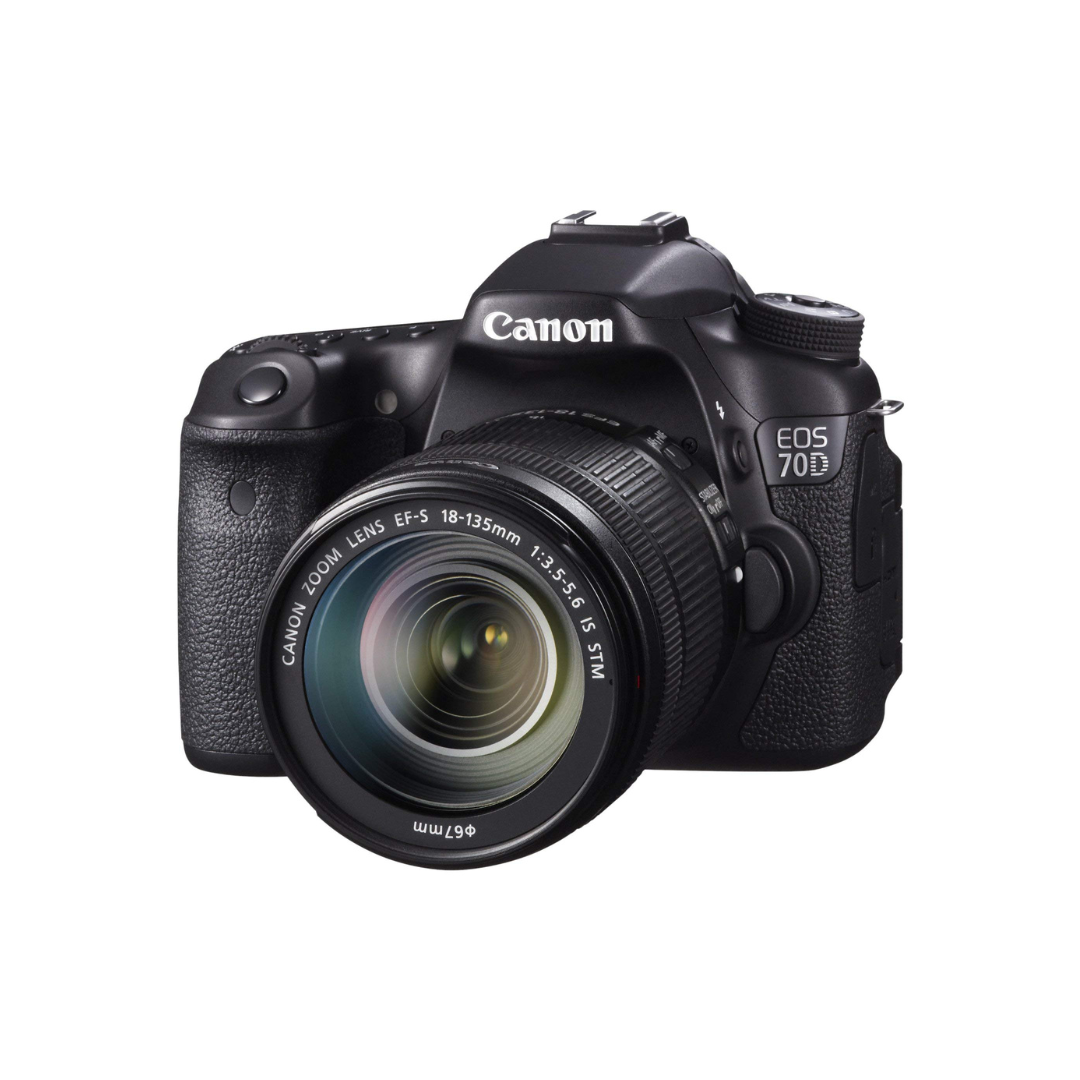 A black Canon EOS 70D camera with a zoom lens attached, isolated on a white background.