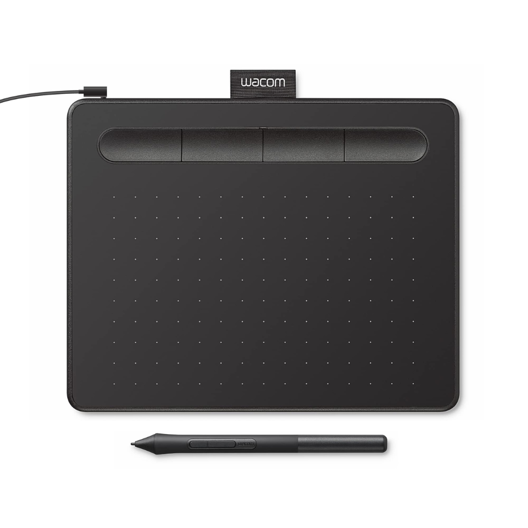 A Wacom drawing tablet with a stylus pen placed below it, featuring a black surface with a dotted grid pattern and three buttons at the top.