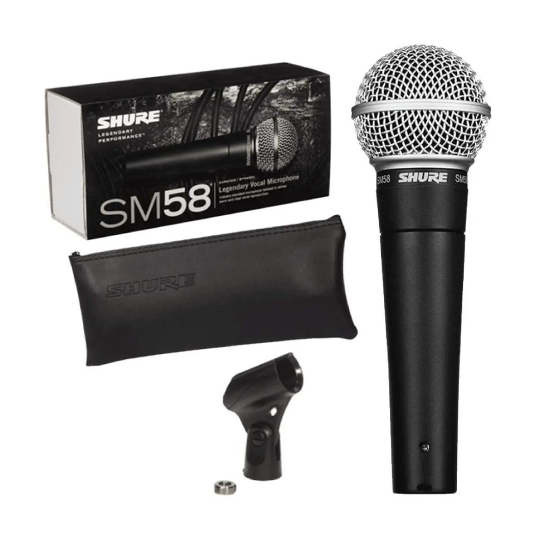 A Shure SM58 microphone with a carrying pouch, microphone clip, and boxed packaging.