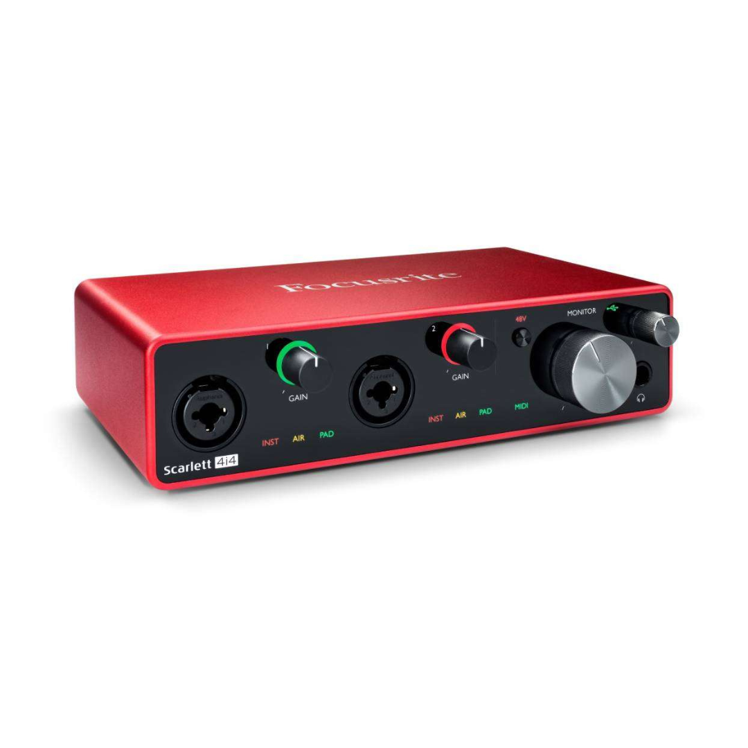 Audio interface with two XLR inputs, gain controls, and various preset buttons, in a red and black casing.