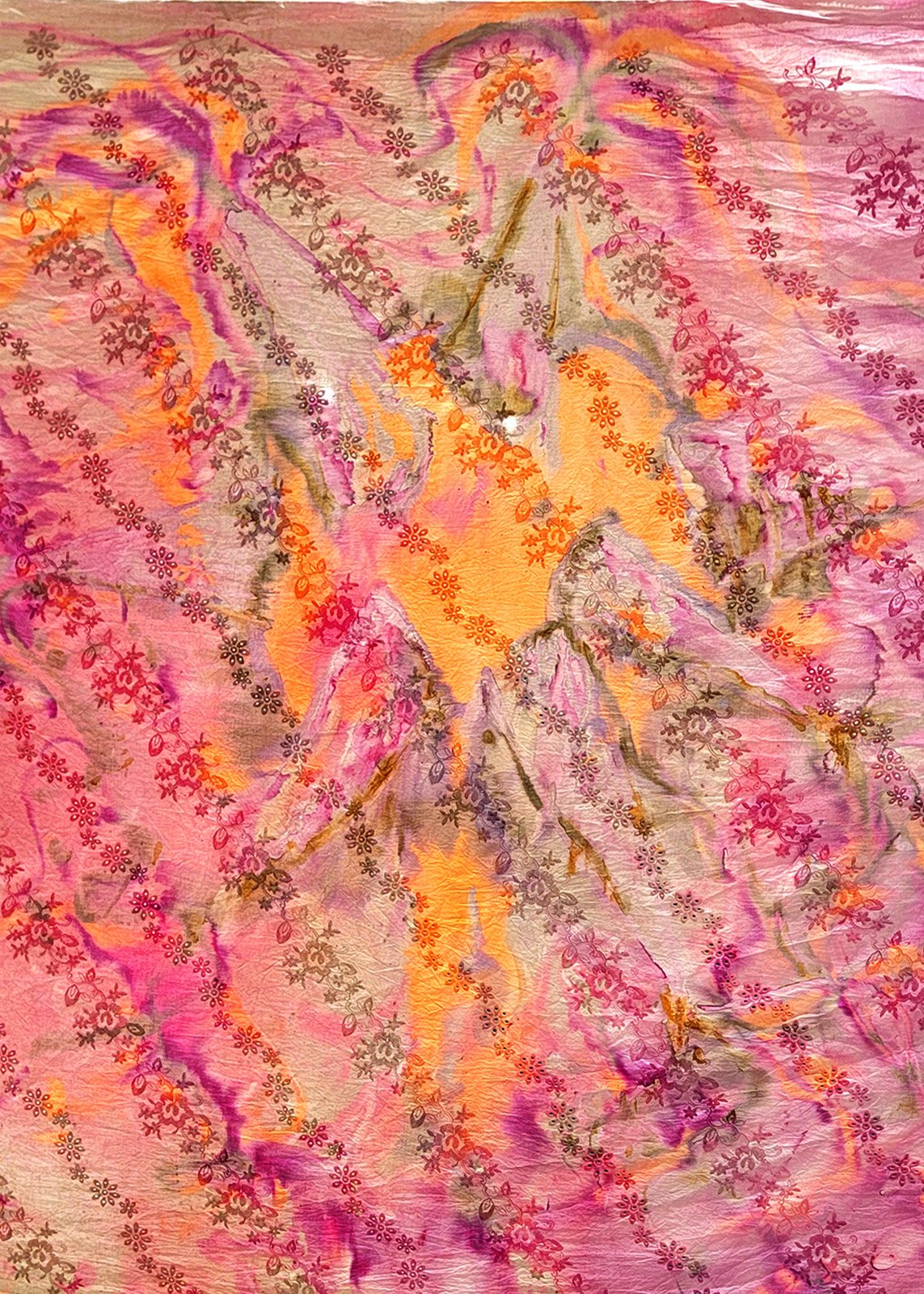 Abstract watercolor painting with pink, orange, purple, and gold tones, accented by small pink and gray floral patterns.