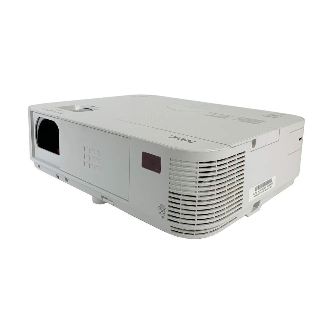 A white NEC projector with vents on the front and side, facing slightly to the right.