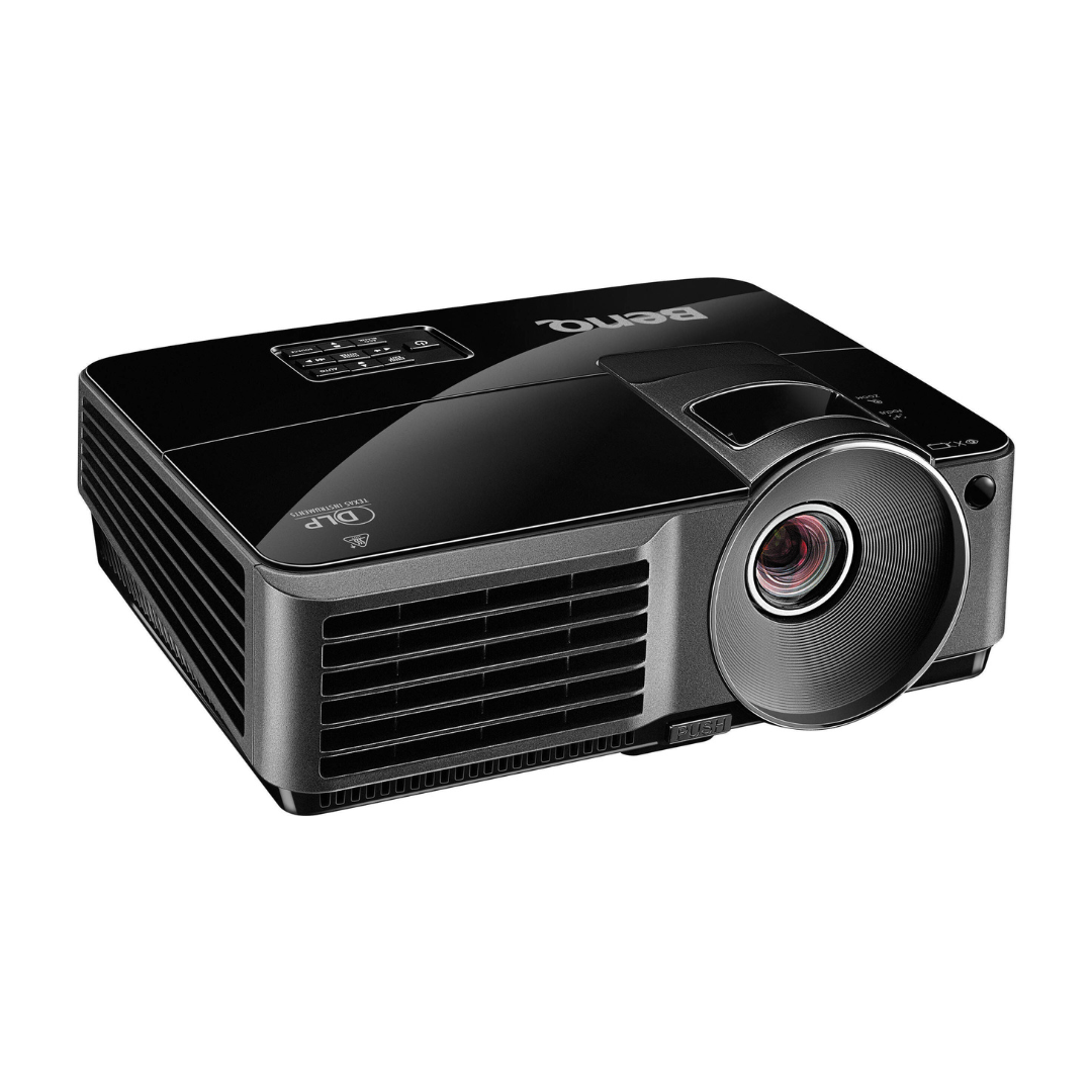 Black digital projector with control panel on top and ventilation on sides.