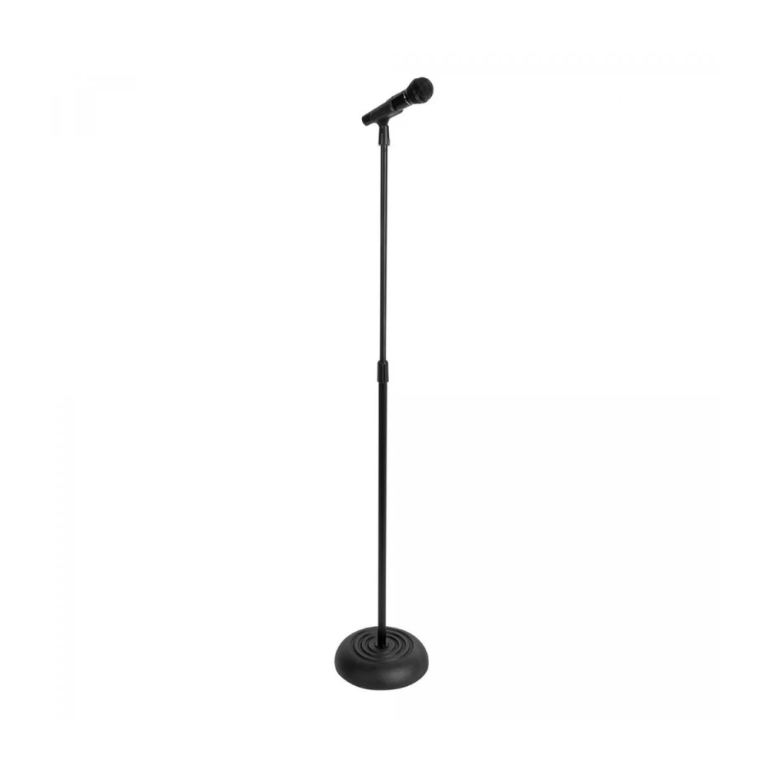 Black microphone on a stand with a round base isolated on white background.