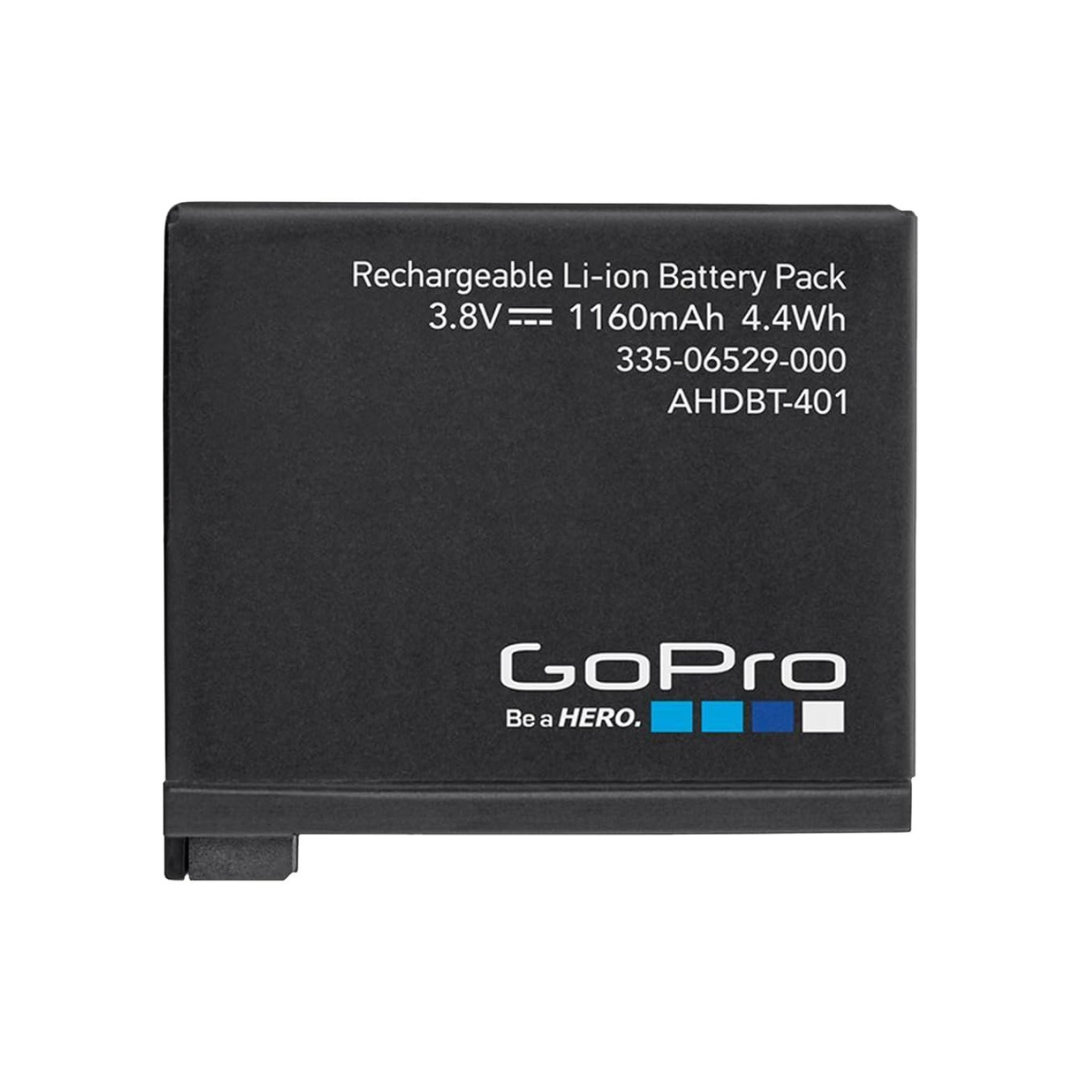 A black GoPro rechargeable lithium-ion battery pack with white text indicating specifications and model number.