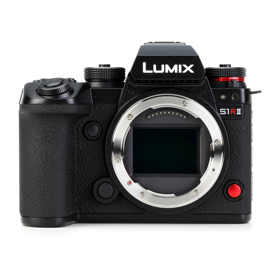 A black Lumix S1R II camera without a lens, showing the camera body and sensor mount.