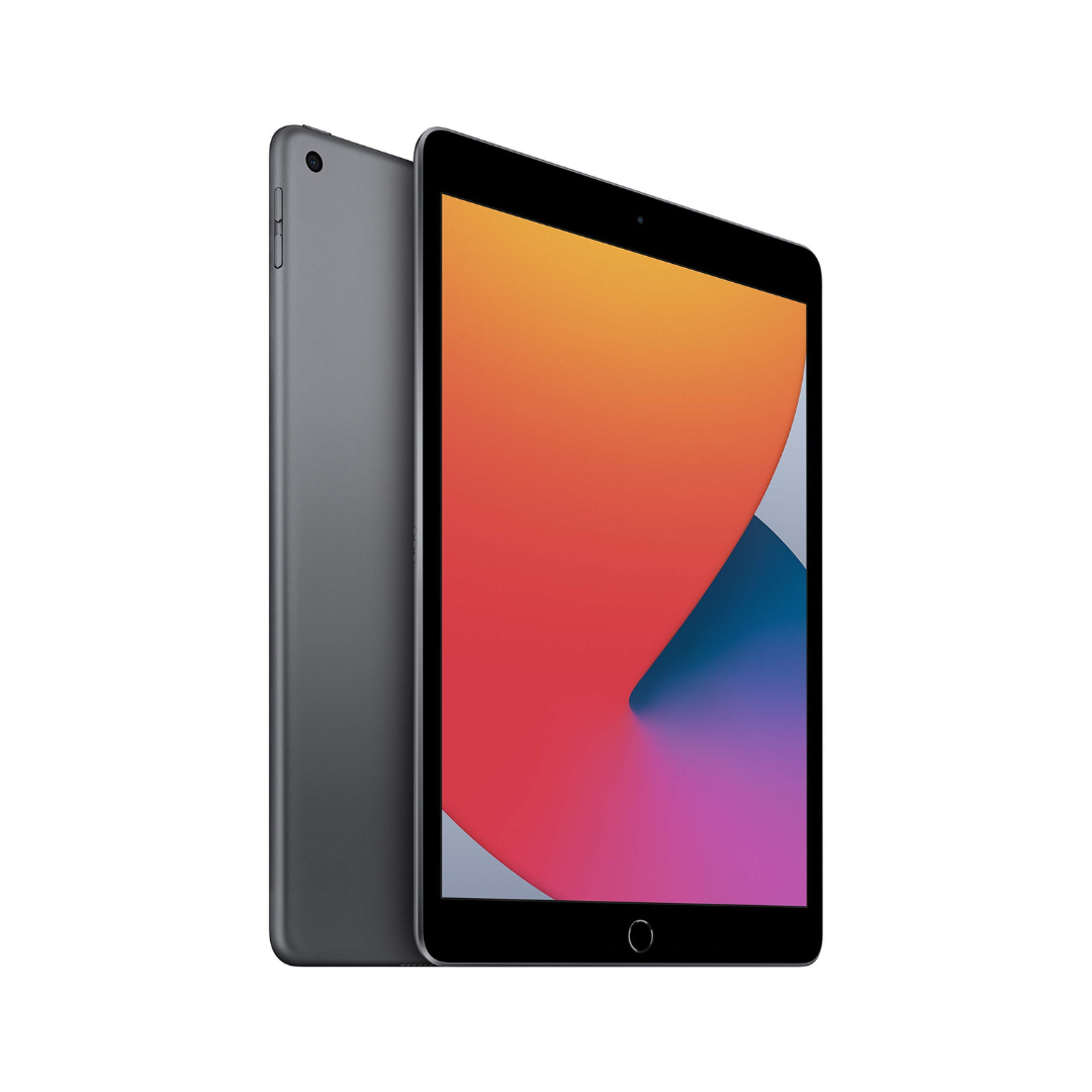 A modern tablet with a colorful screen, featuring a black front bezel and a gray back panel.