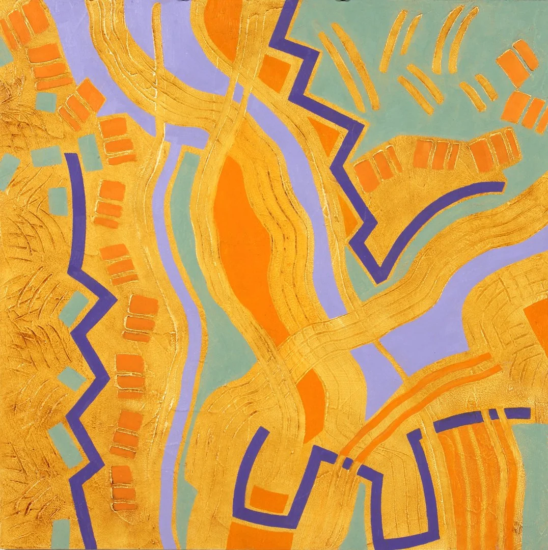 An abstract painting with wavy fields of yellow, orange, purple, and green colors, outlined with bold dark blue lines.