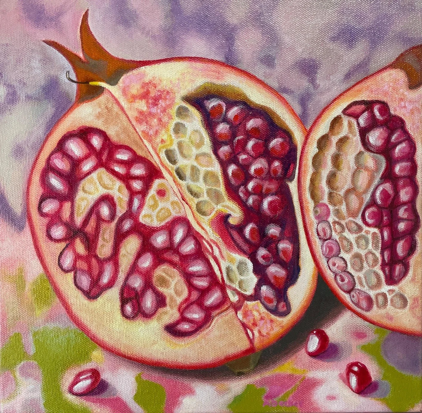 Painting of a pomegranate fruit sliced open, showing red seeds inside, with some seeds spilled on a pink and green background.