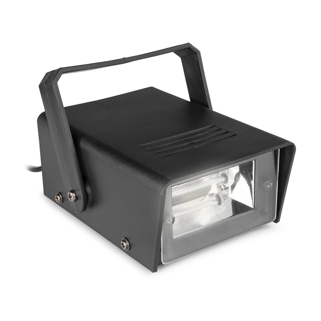 Black portable floodlight with a handle and adjustable support stand.