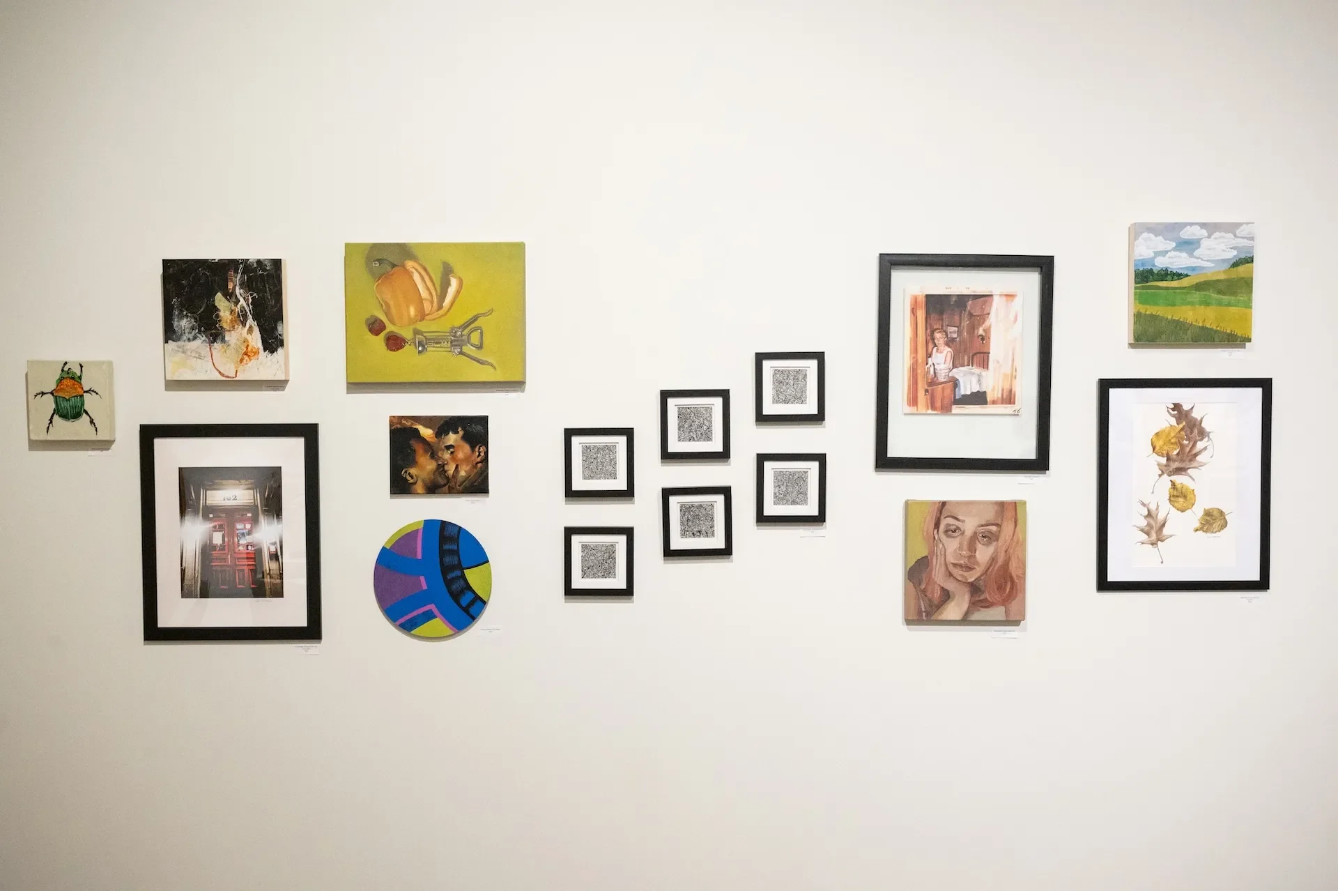 Gallery wall with various framed artworks including portraits, landscape paintings, abstract art, and photographs arranged on a white wall.