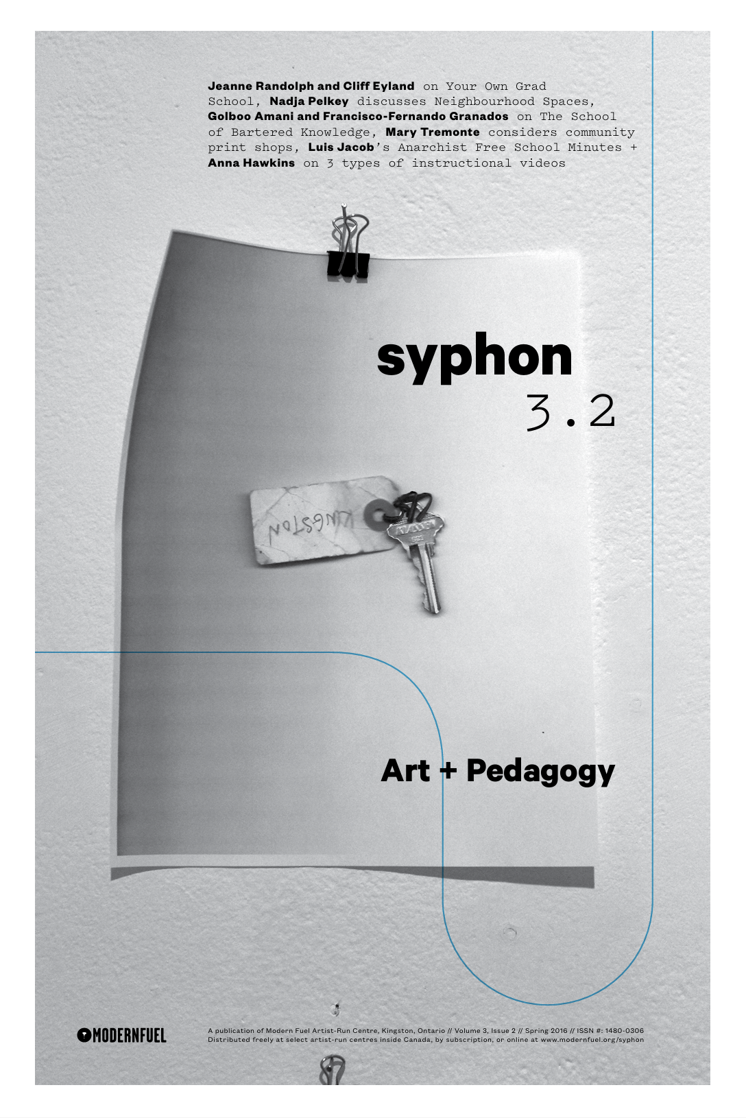 Cover of a publication titled "syphon 3.2 Art + Pedagogy," featuring a paper with a key attached by a wire clip and some handwritten notes. The background is a textured wall, and the layout includes text in black font.