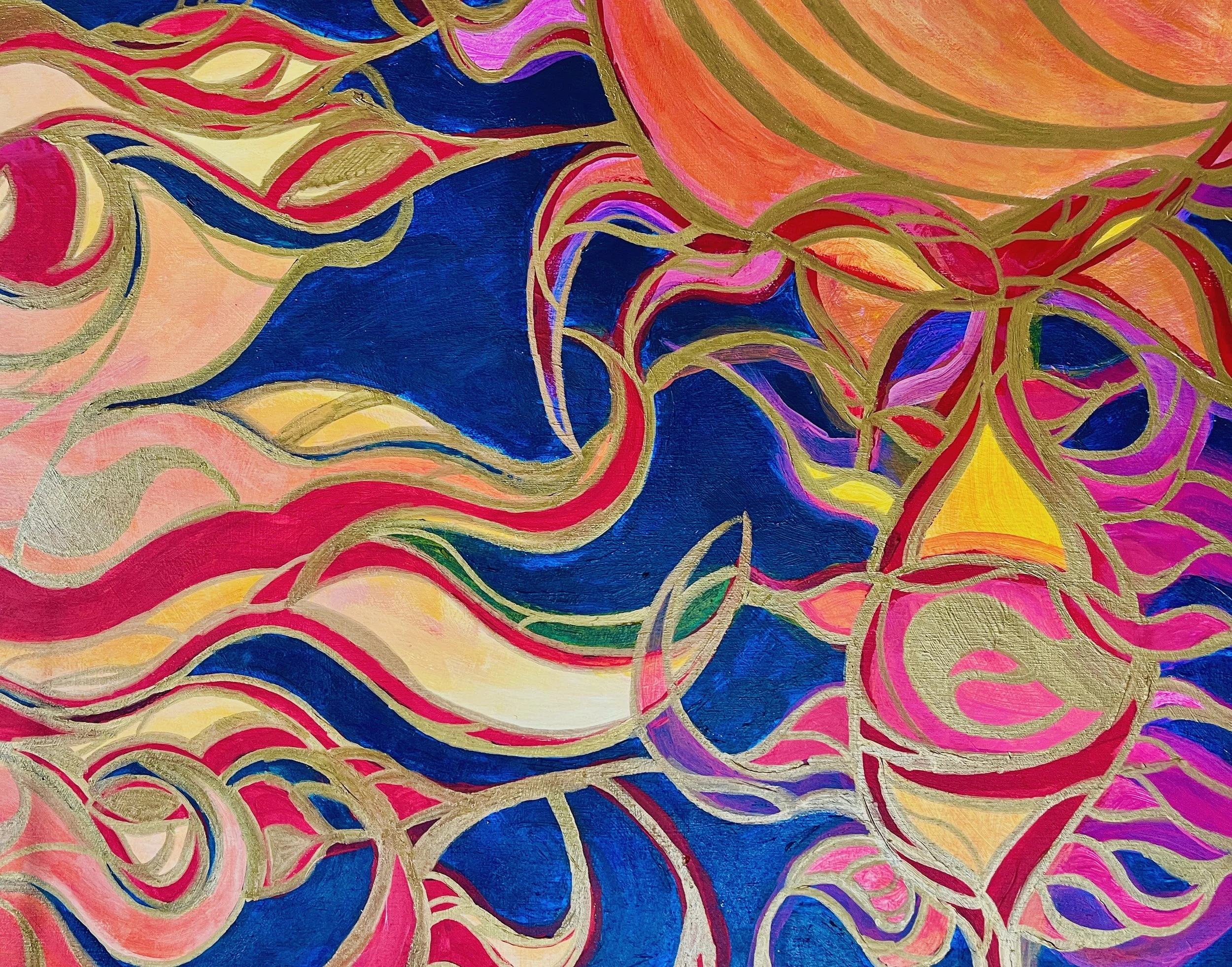 Abstract colorful painting with swirling shapes in pink, yellow, orange, blue, green, and gold outlines.