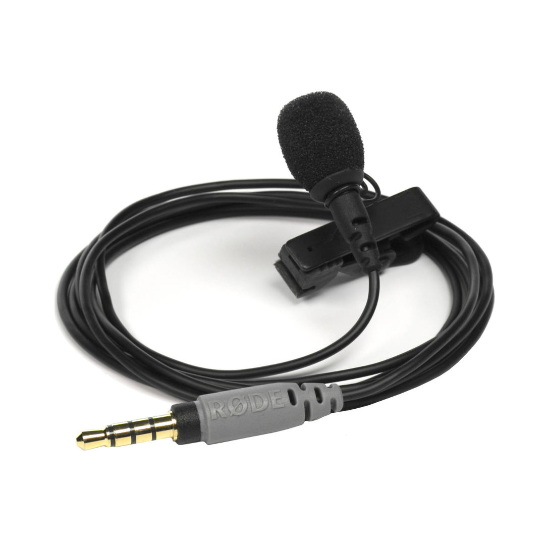 A black microphone with a foam windscreen attached to a cable with a 3.5mm audio jack, used for recording or broadcasting.