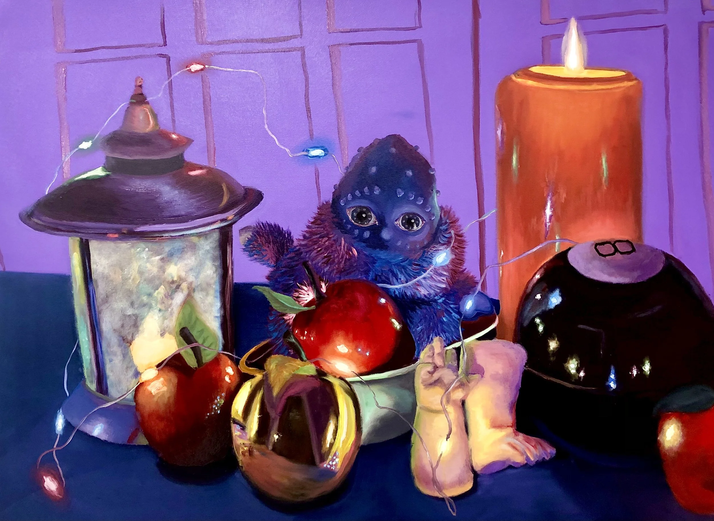 A colorful still life painting featuring apples, a candle, a lantern, a hat, and a small stuffed toy with big eyes, surrounded by string lights, set against a purple background.