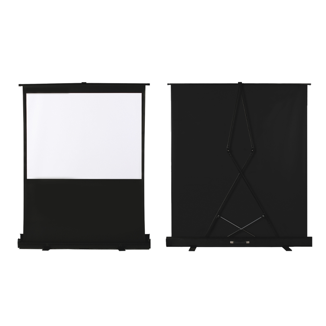Two black projection screens, one with a white display and the other showing the back side with support braces.