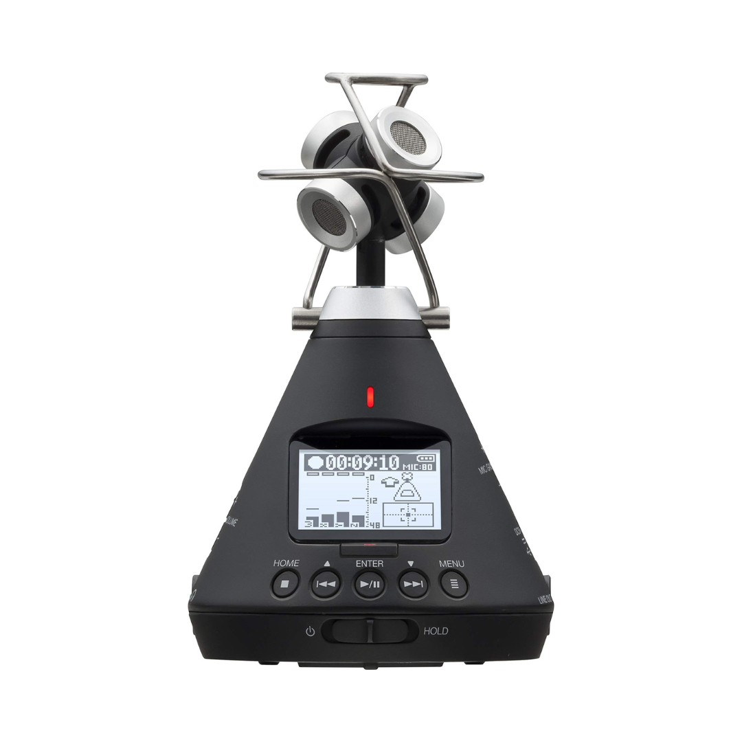 A digital voice recorder with a conical shape, featuring a screen displaying recording settings and controls, with four attached microphone capsules on top.