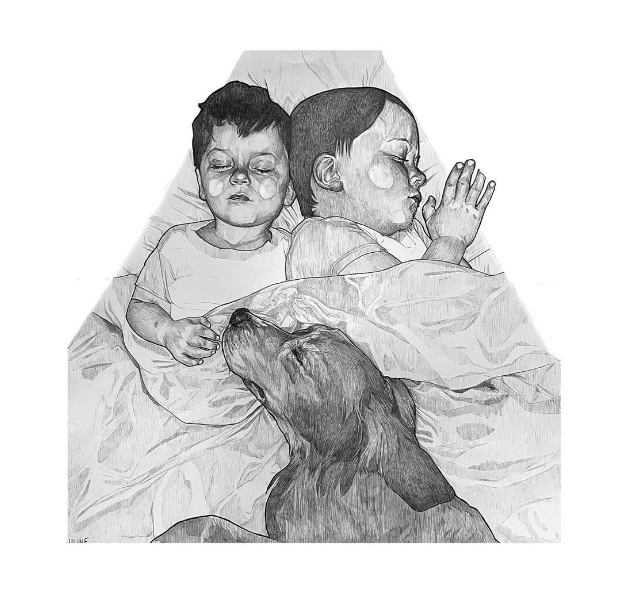 "The Boys"
Ballpoint Pen 
18x24in
A commissioned piece. Two boys and their pup. Fast asleep. 