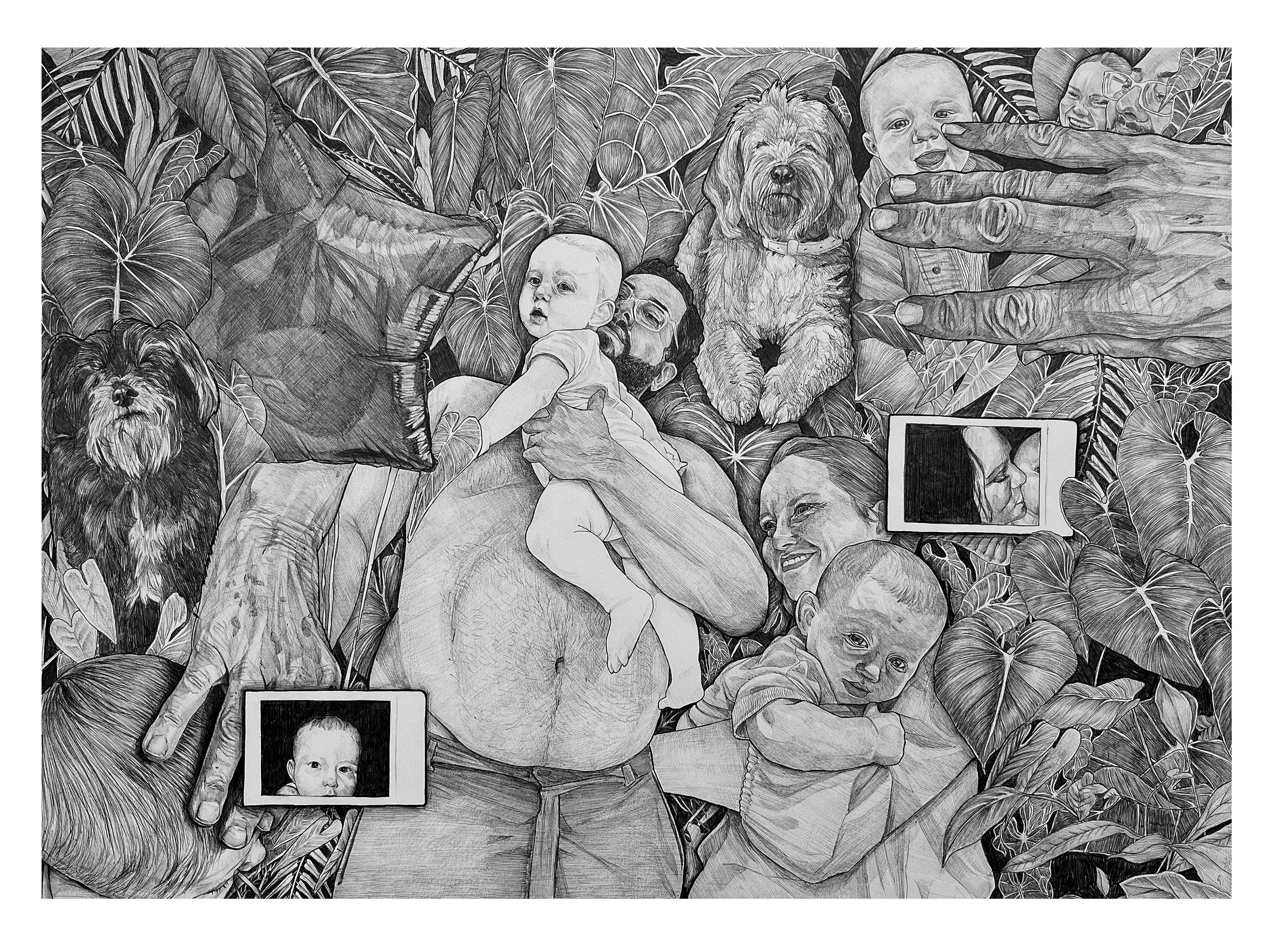 "The Whittington Family"
Ballpoint Pen 
24x36in
A commissioned piece for Sandy Whittington, welcoming her new baby into her loving family. A collage design featuring different members of their family, intended to highlight how love's embrace has many
